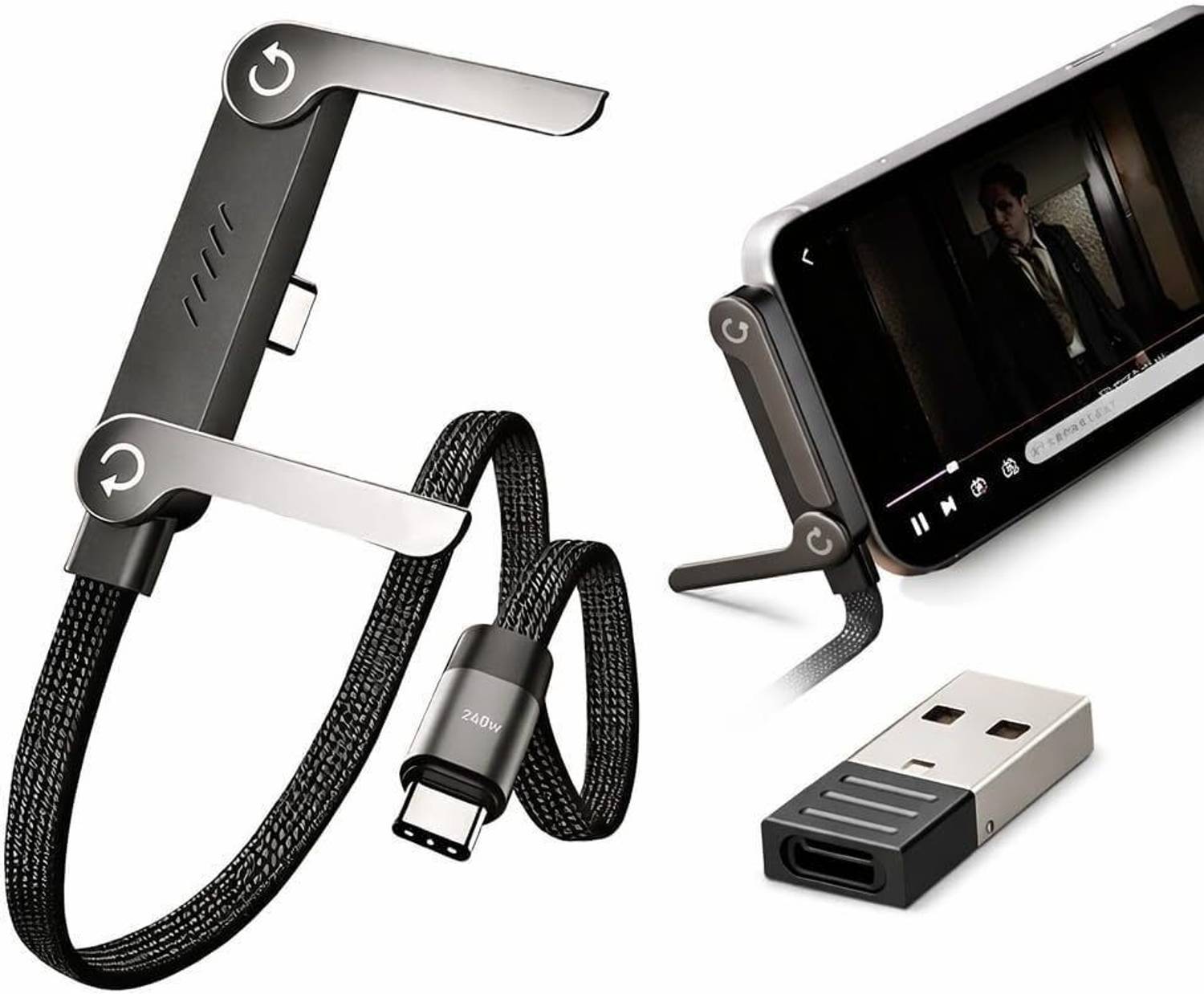 NOYMI Type C 1.5 m Type C to C 240W Fast Charging Cable 1.5M with Foldable Invisible Multi-Angle Adjustable Stand.Type C to C with USB Connector