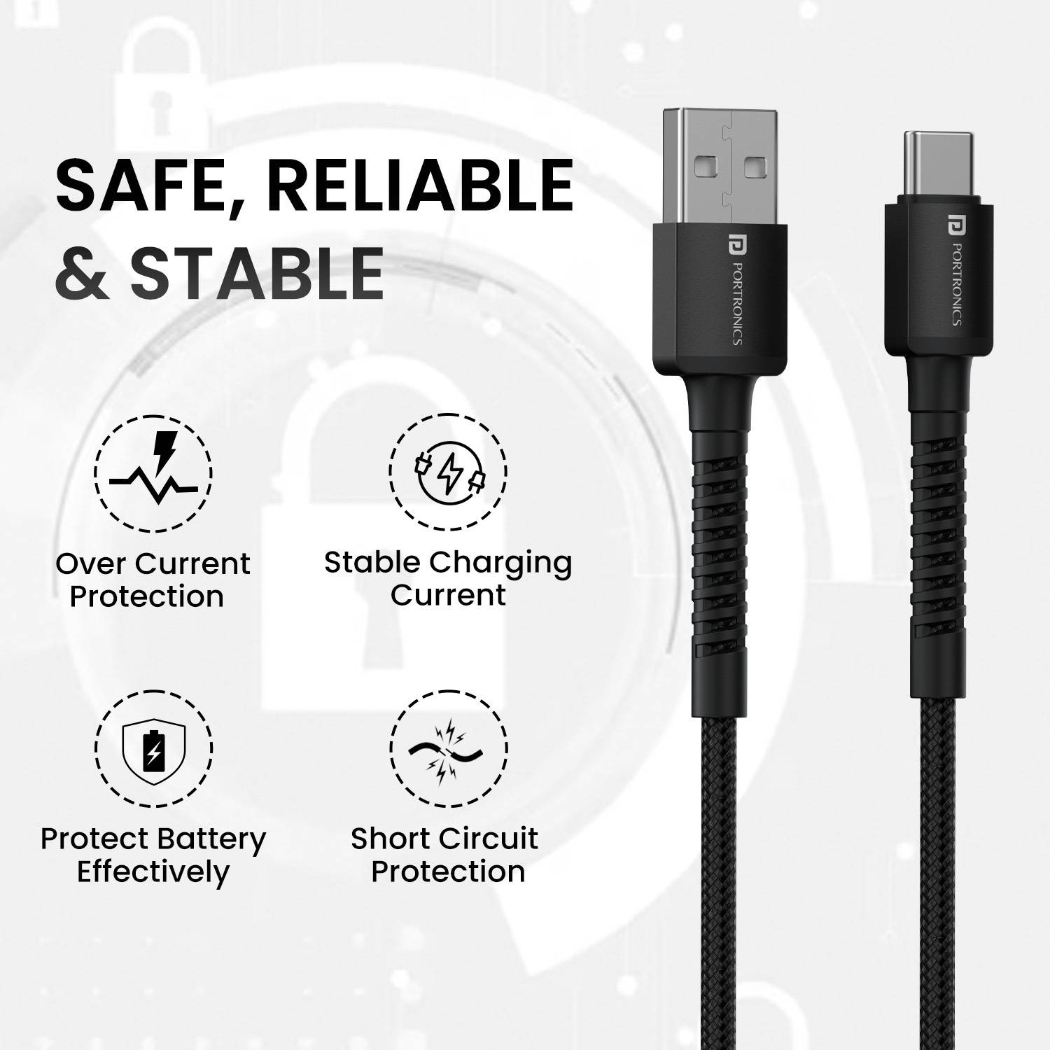 Portronics USB Type C Cable 3A 2m Nylon Braided Fast Charging - Image 2