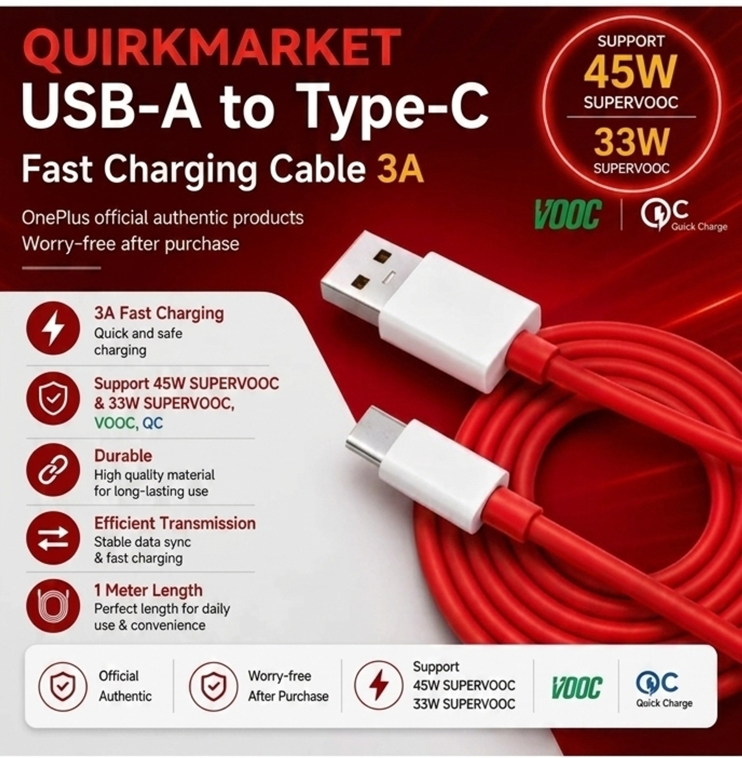 Image of Onepluss Type C 3 A 1 m Oneplus data cable 3 A 1 Meter Red White Data Cable
