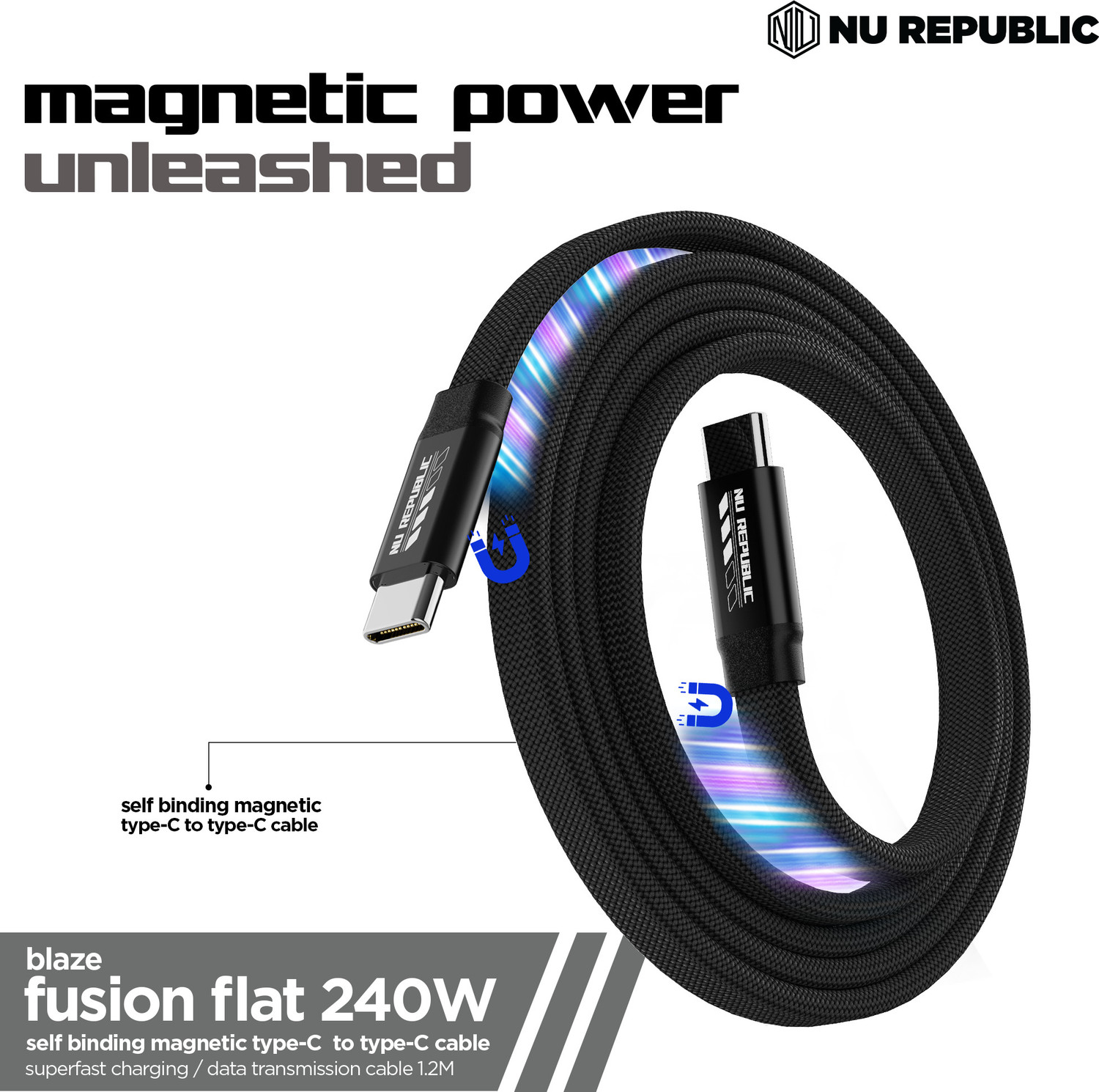 Image of Nu Republic Type C 1.2 m Fusion Flat 240W Self Binding Magnetic Type-C to Type-C Fast Data Charging Nylon Braided Cable