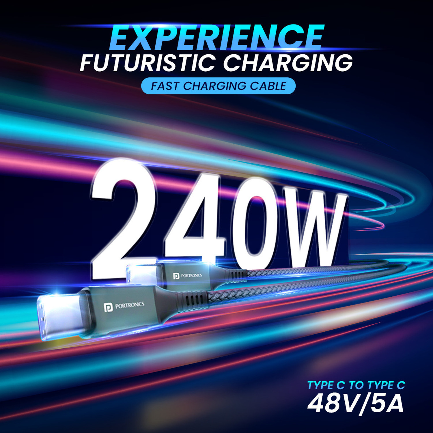 Image of Portronics Type C 5 A 1.2 m Konnect 240C Type C to Type C 240W Max Output Fast Charging Cable