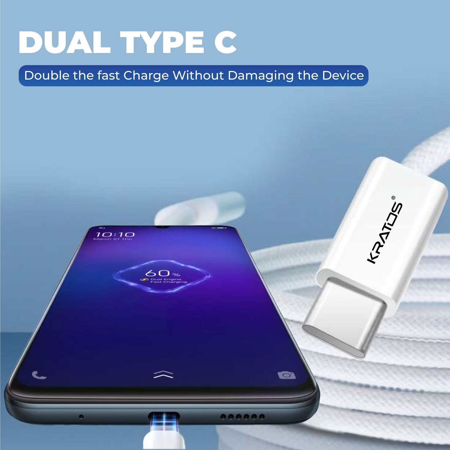 Image of Kratos USB Type C Cable 2.1 A 1 m 60 Fast Charging Type C to Type C
