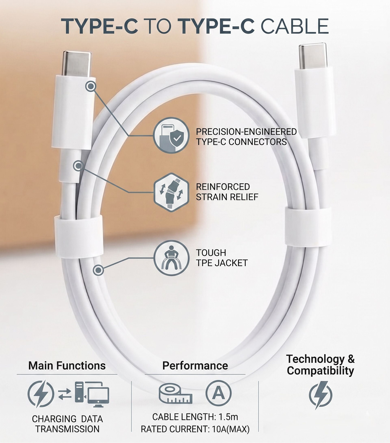 Image of vivo Type C 10 A 1.5 m 120w original c to c data cable