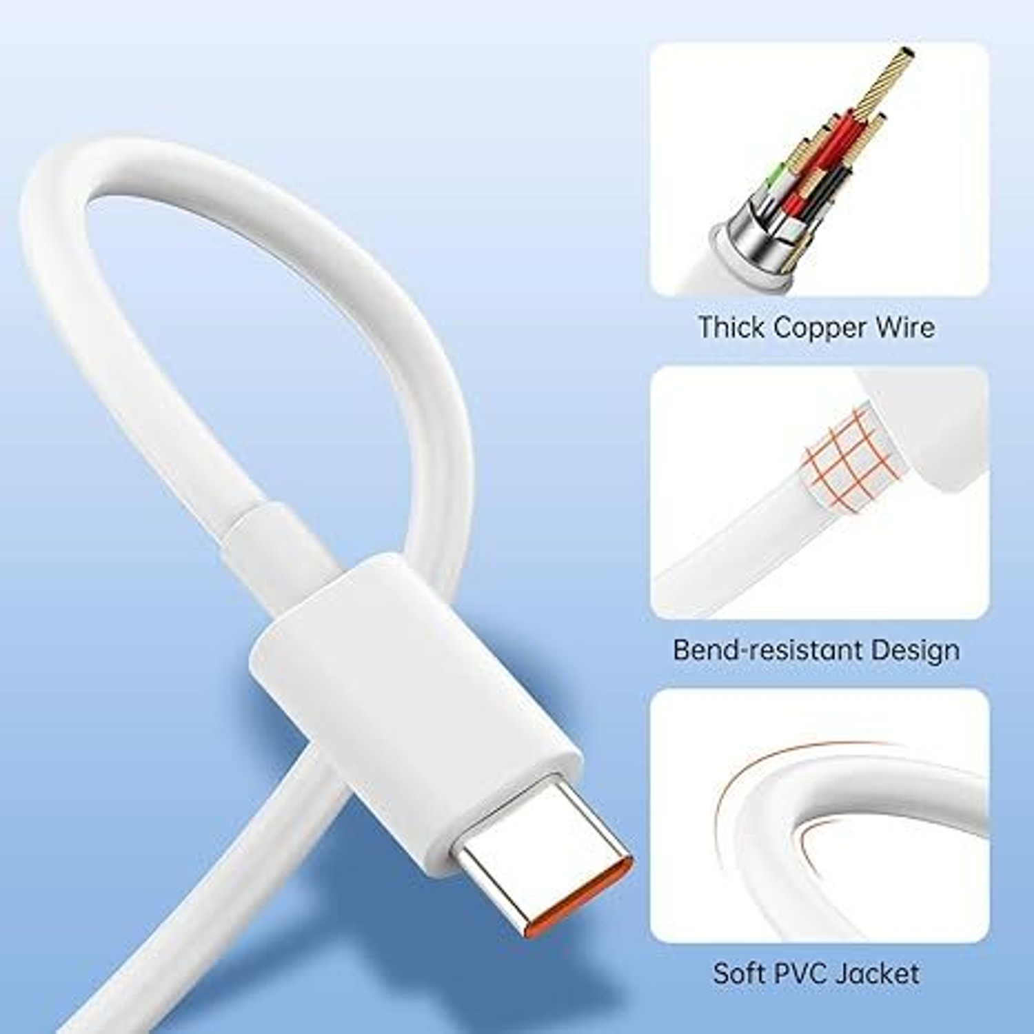 Image of GHEREL USB Type C Cable 6 A 1 m Copper 67W Fast With USB A TO C Quick Soniccharge Cable (Compatible with Redmi Note 13 Pro /12 Pro /11 Pro 5G /11S /10 Pro Max, Poco X5, White, One Cable, USB Type A To USB Type C)