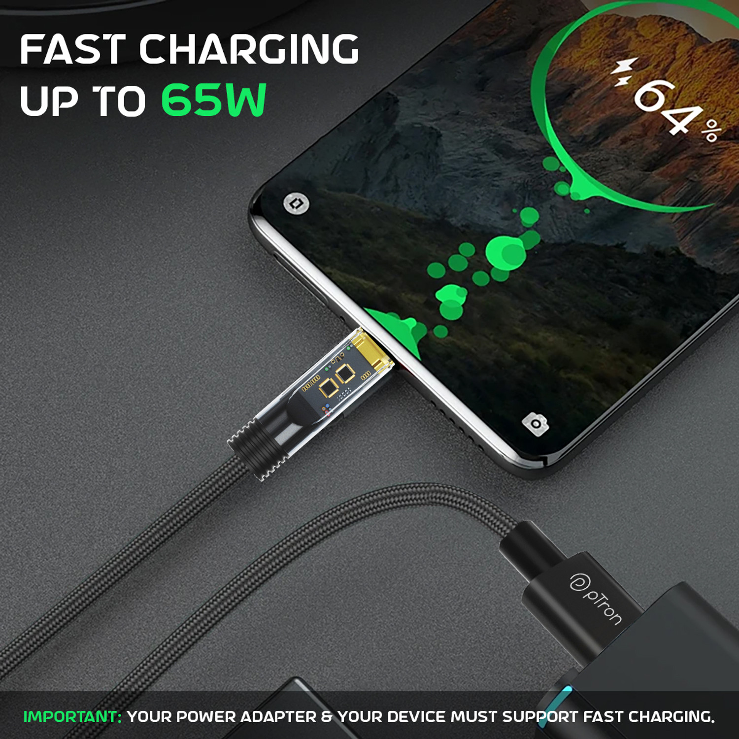 Image of PTron USB Type C Cable 6 A 1 m Unbreakable Nylon Braided Pace