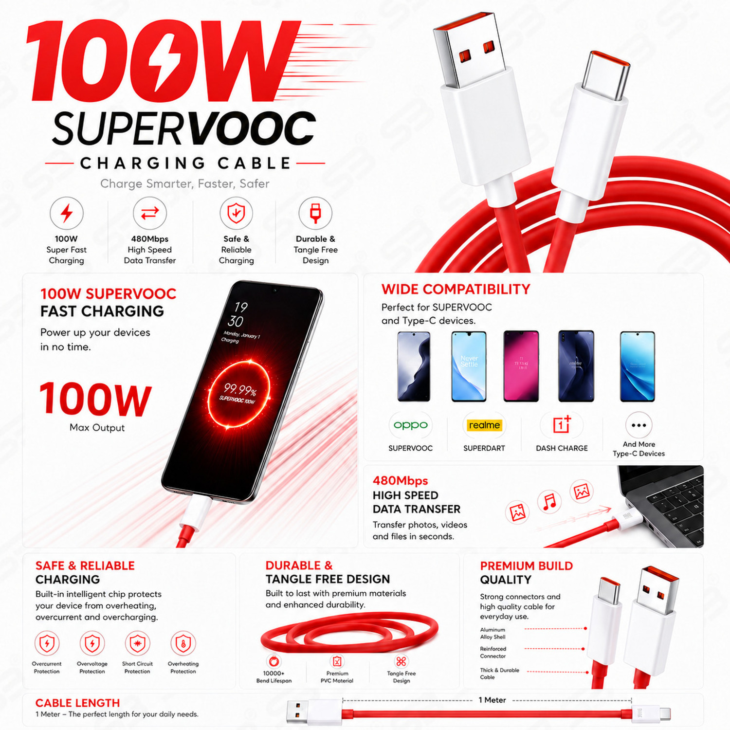 Image of SB Type C 11 A 1 m Aluminum Shielding Material 100W SuperVOOC Fast Charging Cable USB to Type C Cable | Super Fast Data Sync Cable | 100W Warp Dash Dart Flash Charge Support | USB A to Type C Fast Charger Cable | High Speed Charging & Data Transfer Cable for Android Devices | Data cable | charging cable | Usb cable |