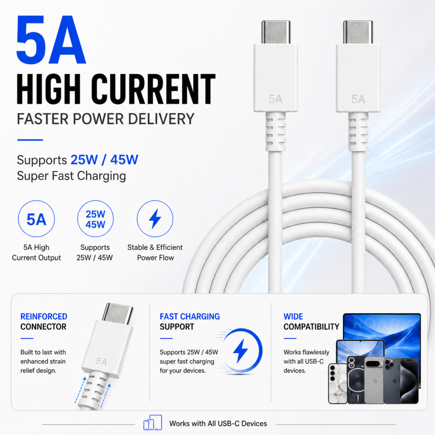 Image of RoarX Type C 5 A 1 m 25w | 45w Superfast Charging Data cable C | C to C Data cable compatible with Samsung C to C fast charging cable