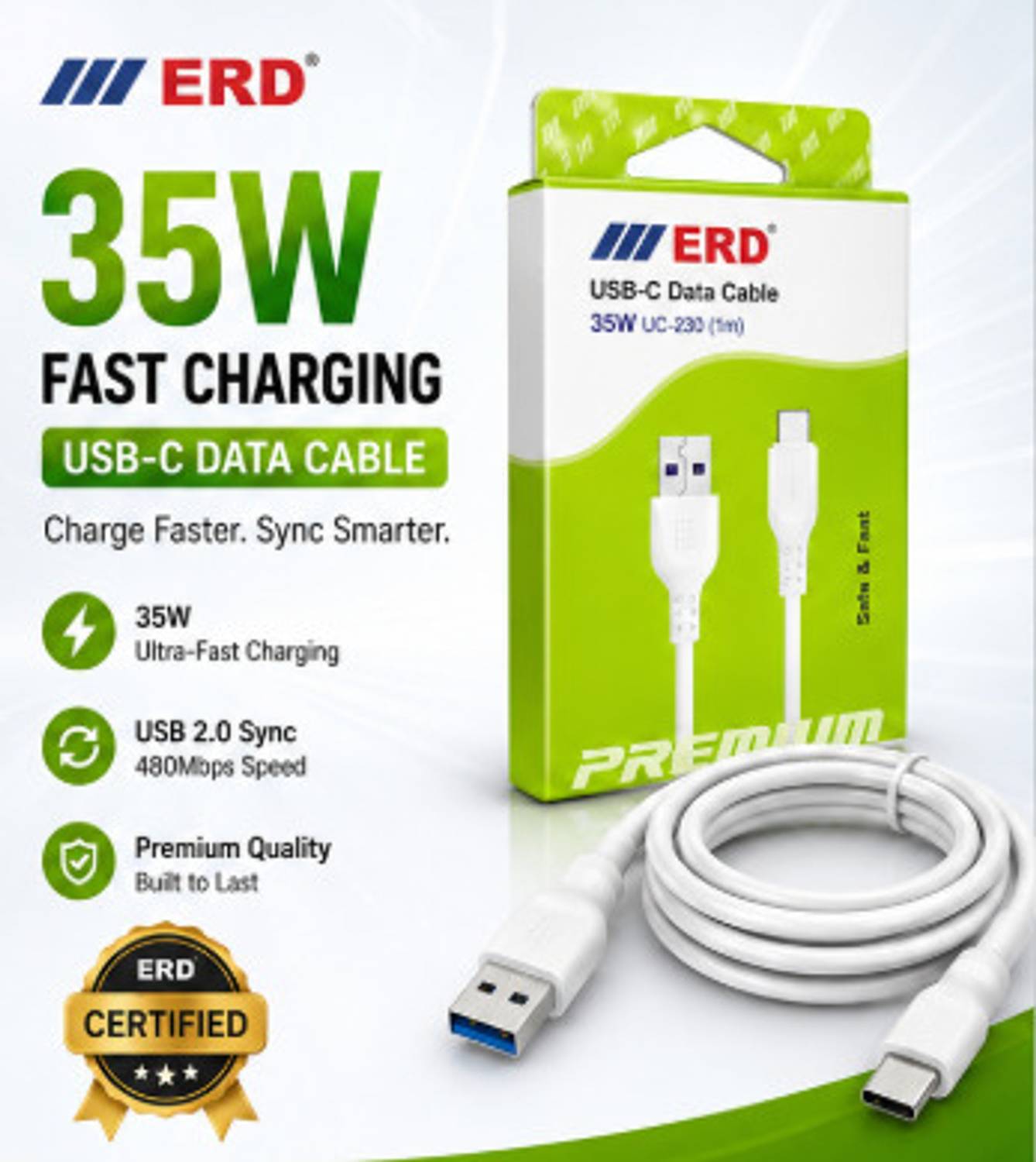 ERD TECNOLOGIES PVT LTD Type C 3 A 1 m USB-A to Type-C Charging Cable 35W Fast Charge Data Cable for Mobile Phones and Tablets