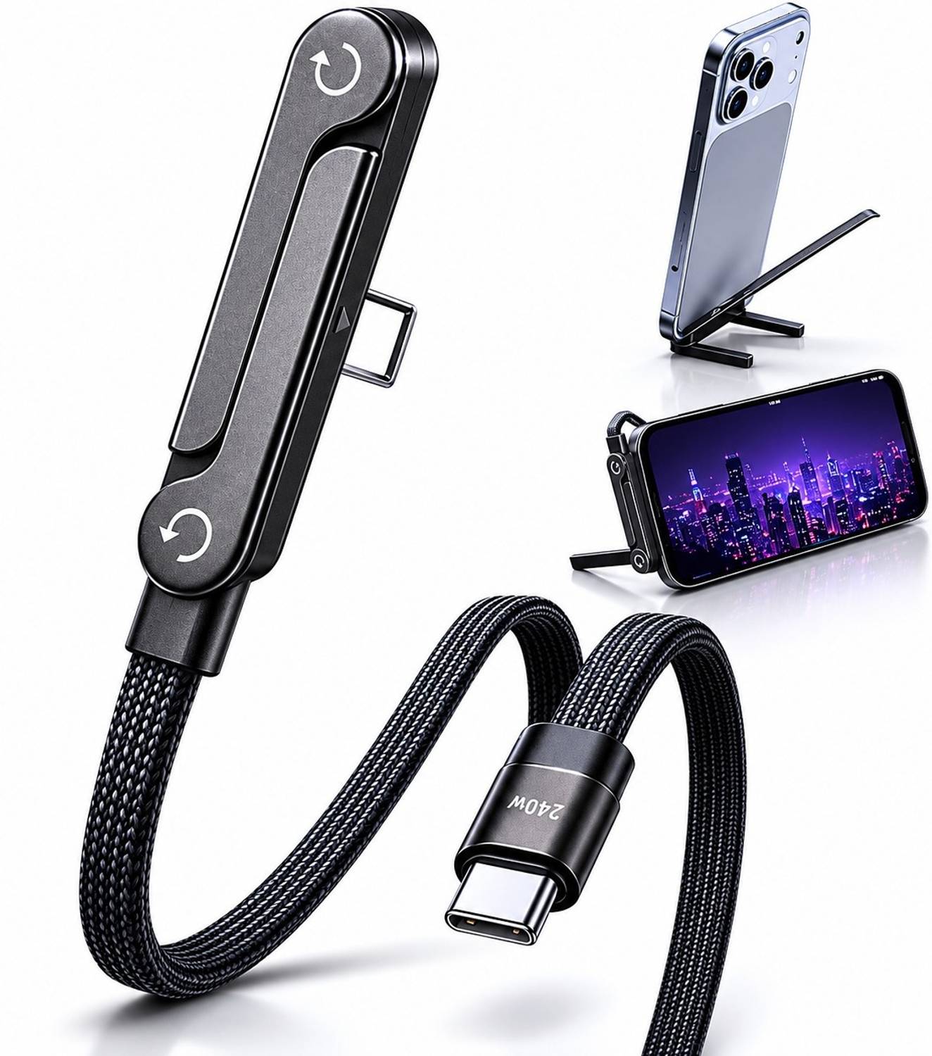 MAK Type C 10 A 1.5 m Nylon Braided 240W Fast Charging Cable with Mobile Stand for iPhone 17, Adjustable Foldable Bracket, Nylon Braided Type-C Charging & Data Sync Cable