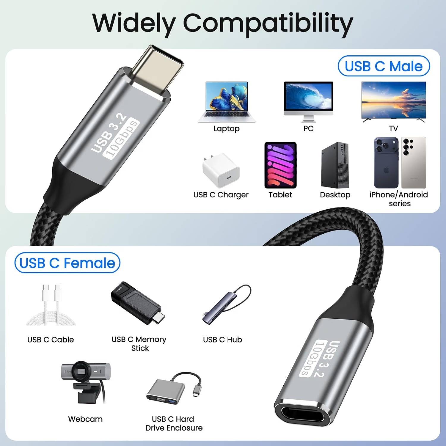 Tobo 1m USB C Extension Cable 100W 3.2/10Gbps - Image 3
