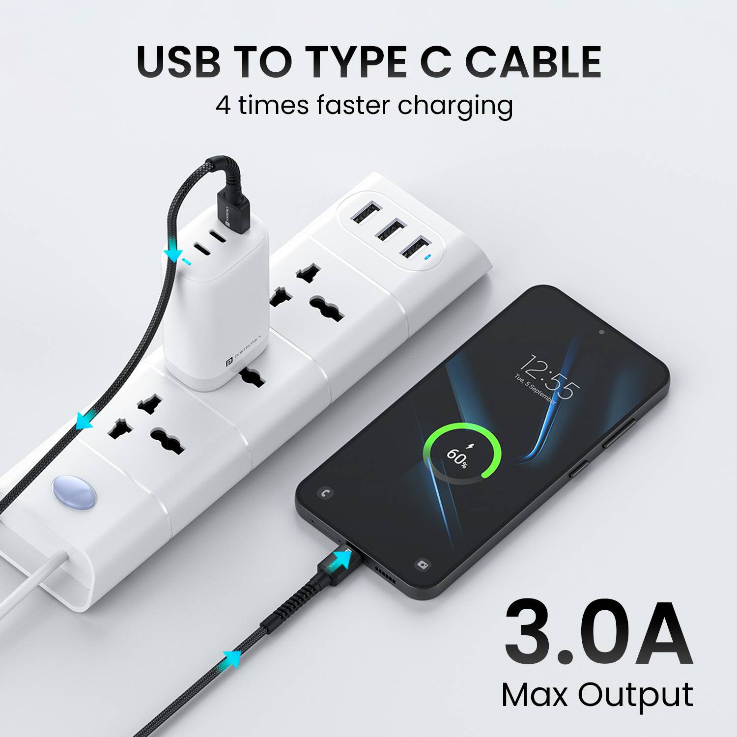 Portronics USB Type C Cable 3A 2m Nylon Braided Fast Charging - Image 5