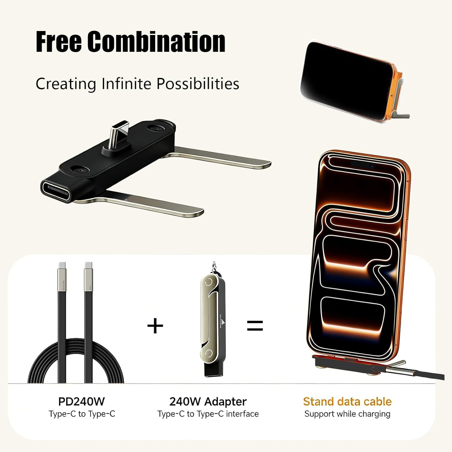 Image of X9X USB Type C Cable 5 A 1 m 240W Detachable USB C to USB C Fast Charging Cable with Foldable Stand