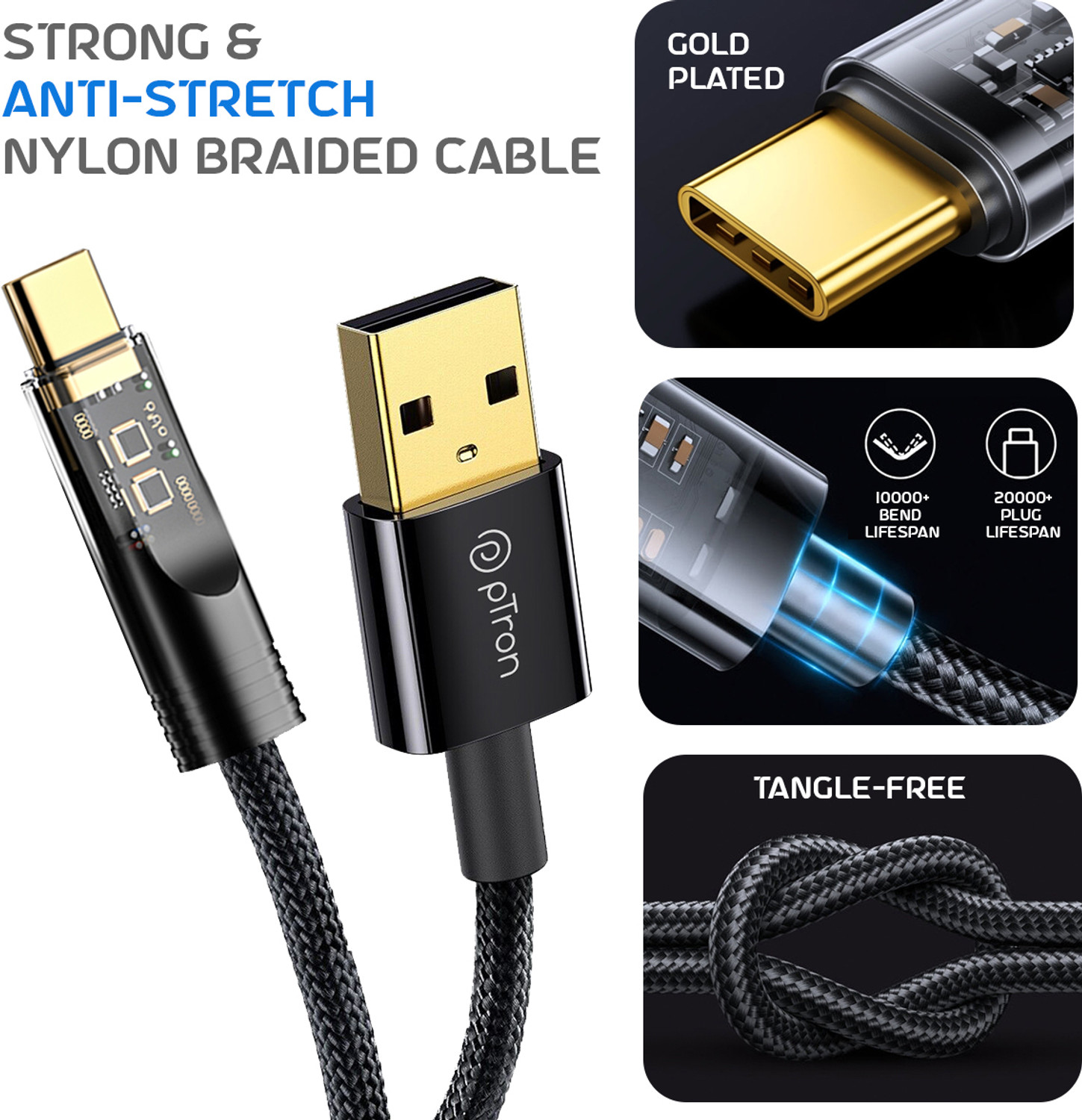 Image of PTron USB Type C Cable 6 A 1 m Unbreakable Nylon Braided Pace