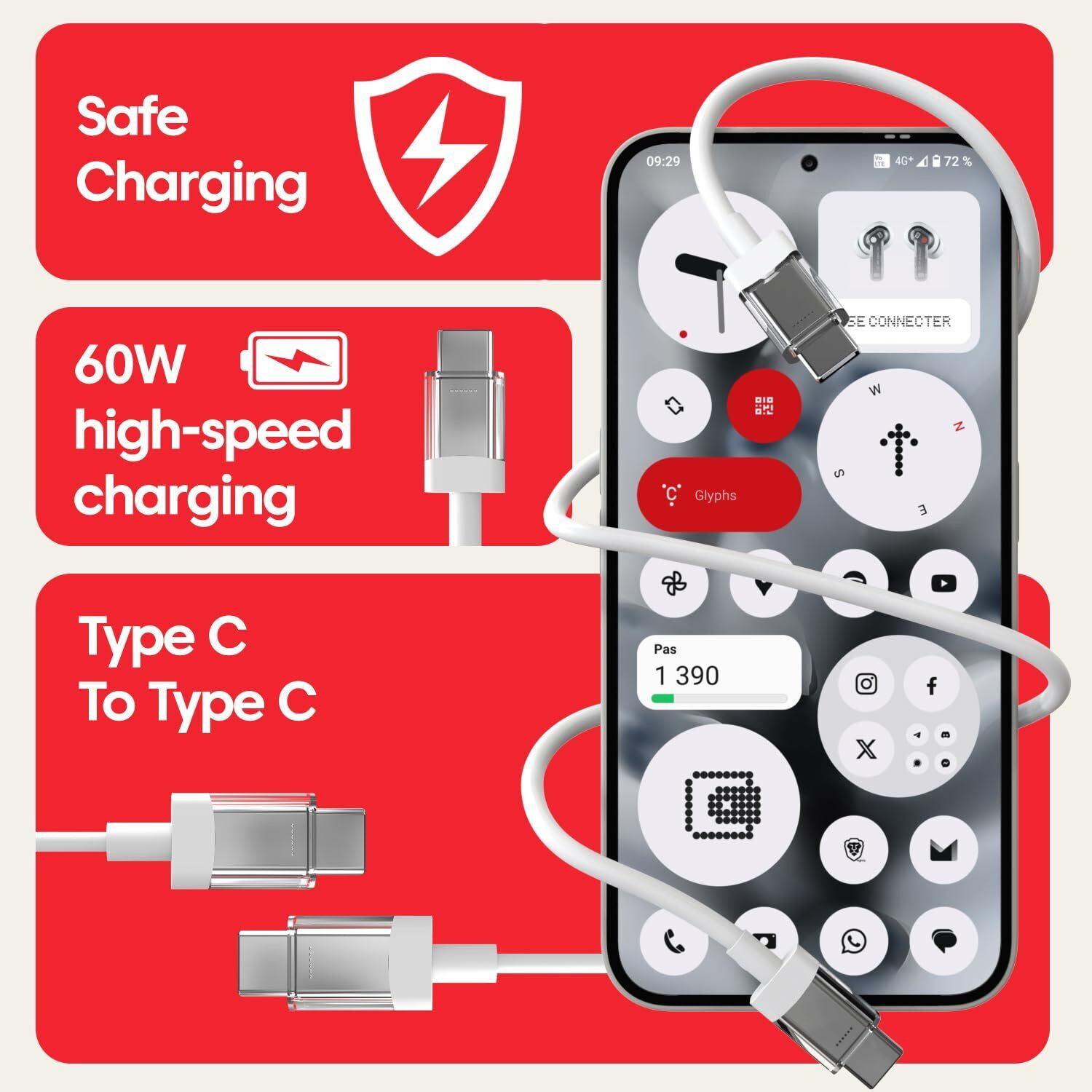 Image of EYNK USB Type C Cable 6 A 1 m USB C type 65W original Data / Sync /Charging cable for C type devices