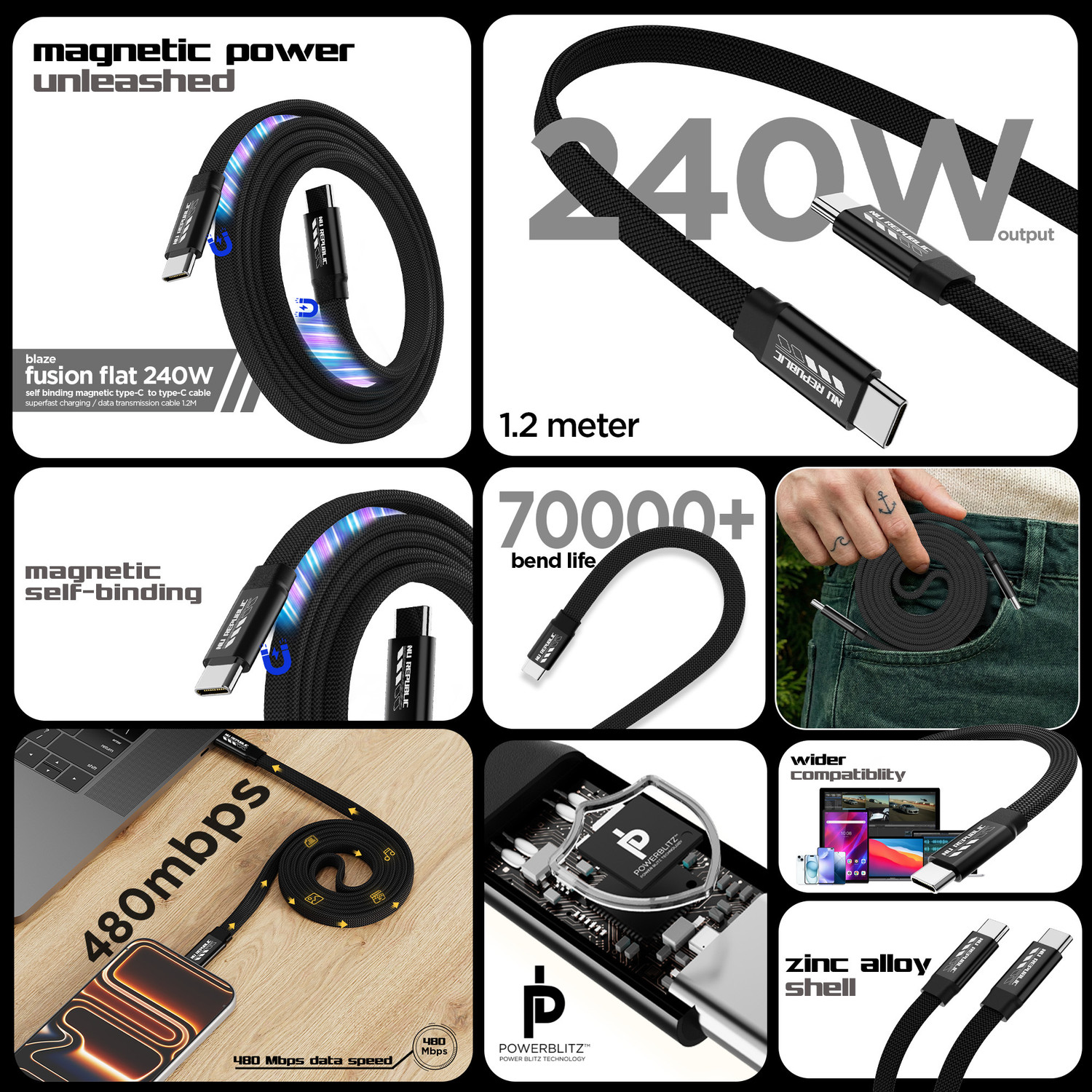Image of Nu Republic Type C 1.2 m Fusion Flat 240W Self Binding Magnetic Type-C to Type-C Fast Data Charging Nylon Braided Cable