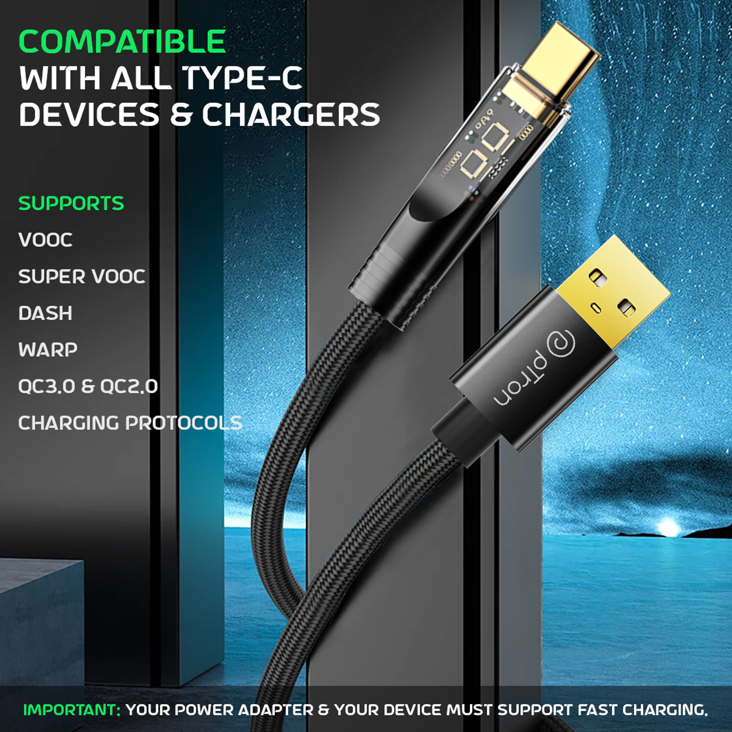 Image of PTron USB Type C Cable 6 A 1 m Unbreakable Nylon Braided Pace