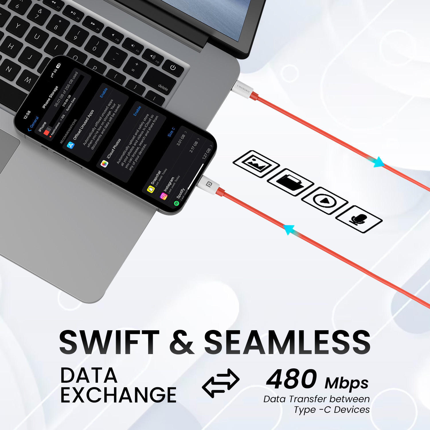Image of Portronics Type C 3.25 A 1 m Konnect Dash Max 65W Type C to Type C Fast Charging PD Cable with 480Mbps Data Sync