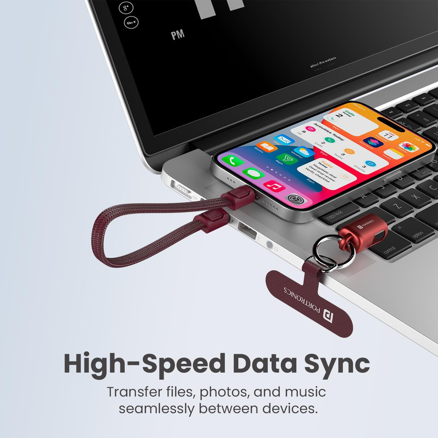 Image of Portronics Type C 3 A 0.3 m KeyLink C USB Keychain Cable, Type C to C 60W Fast Charging, 30CM (Compatible with Mobile, Power bank, Earbuds, Red, One Cable, USB Type C To USB Type C, 60 W)
