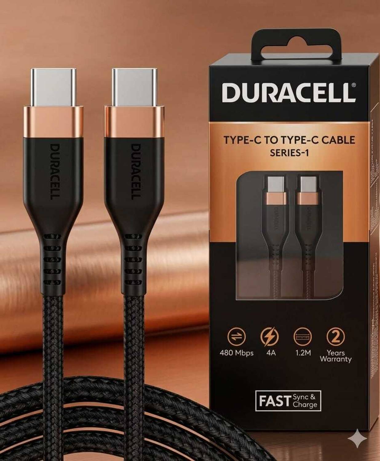 DURACELL Type C 5 A 1.2 m To handle 4A (60W) and Rapid Data Transmission, Usb Type C To Type C USB Cable 4A(60W) Braided Sync& Charging Cable,Compatible With Mobile,Laptop,Tablets&Macbook,3.9 Feet(1.2M) Supports Power Delivery(Pd) With Rapid Data Transmission,Black
