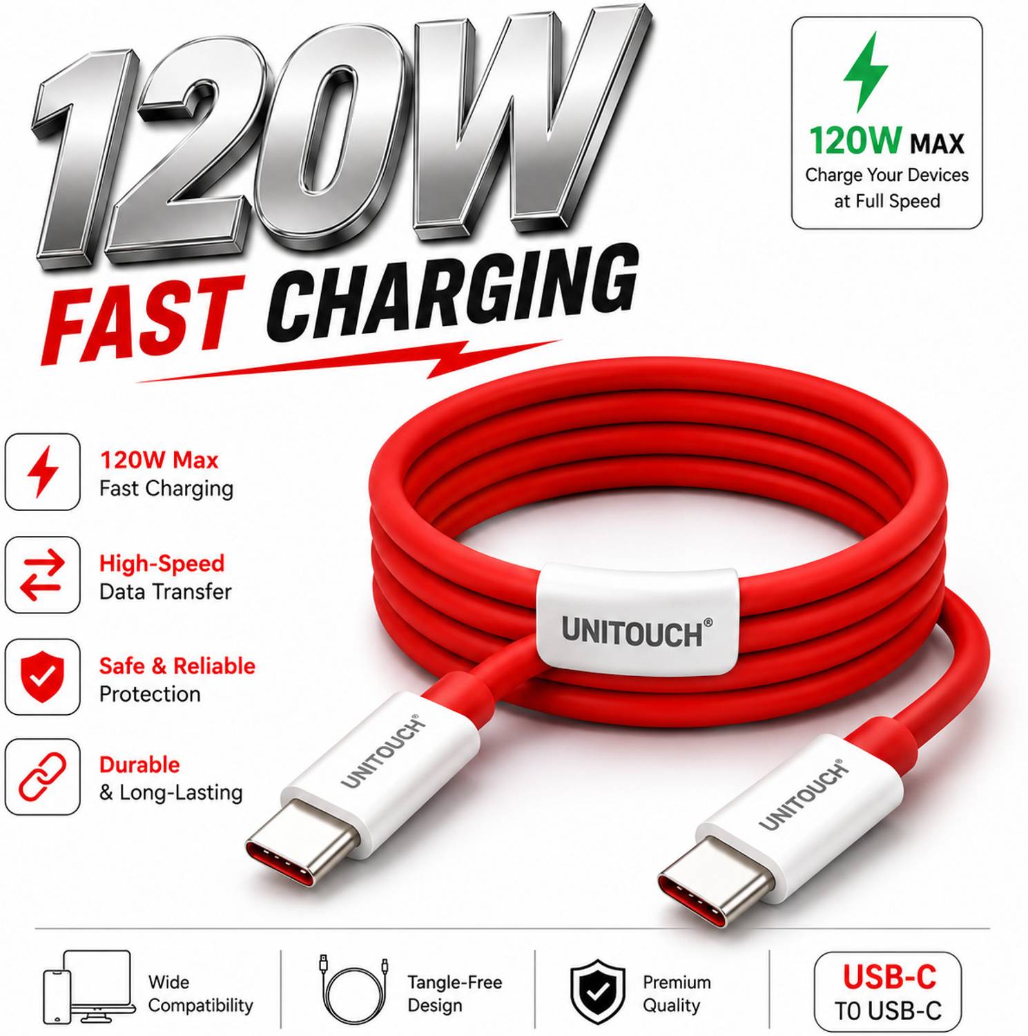 Unitouch Type C 6 A 1 m TPE 120W USB Type-C to Type-C Fast Charging Cable | High-Speed Data Transfer | Safe & Reliable Protection | Durable & Long-Lasting | USB-C to USB-C Cable
