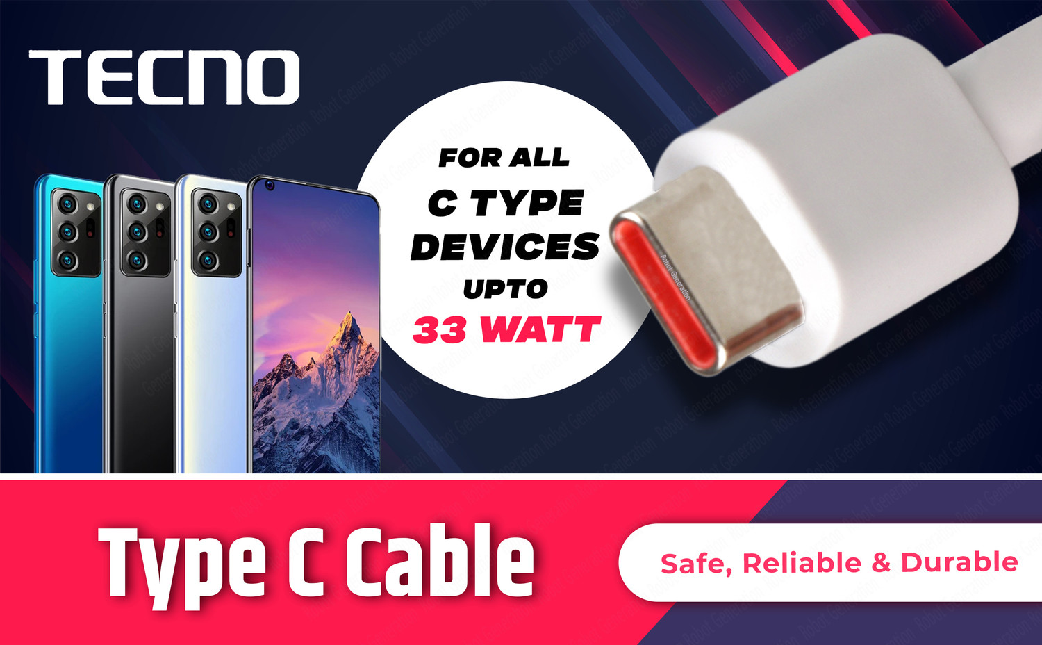 Image of Tecno Type C 1 m 33 Watt Cable Model no. C033-C (Compatible with Tecno mobile C type, White, One Cable, USB Type A To USB Type C)