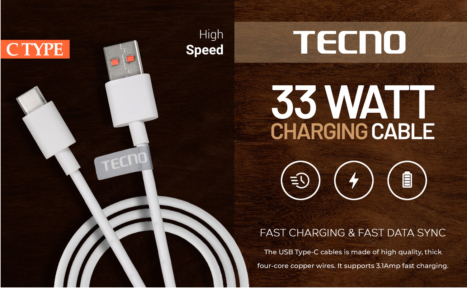 Image of Tecno Type C 1 m 33 Watt Cable Model no. C033-C (Compatible with Tecno mobile C type, White, One Cable, USB Type A To USB Type C)