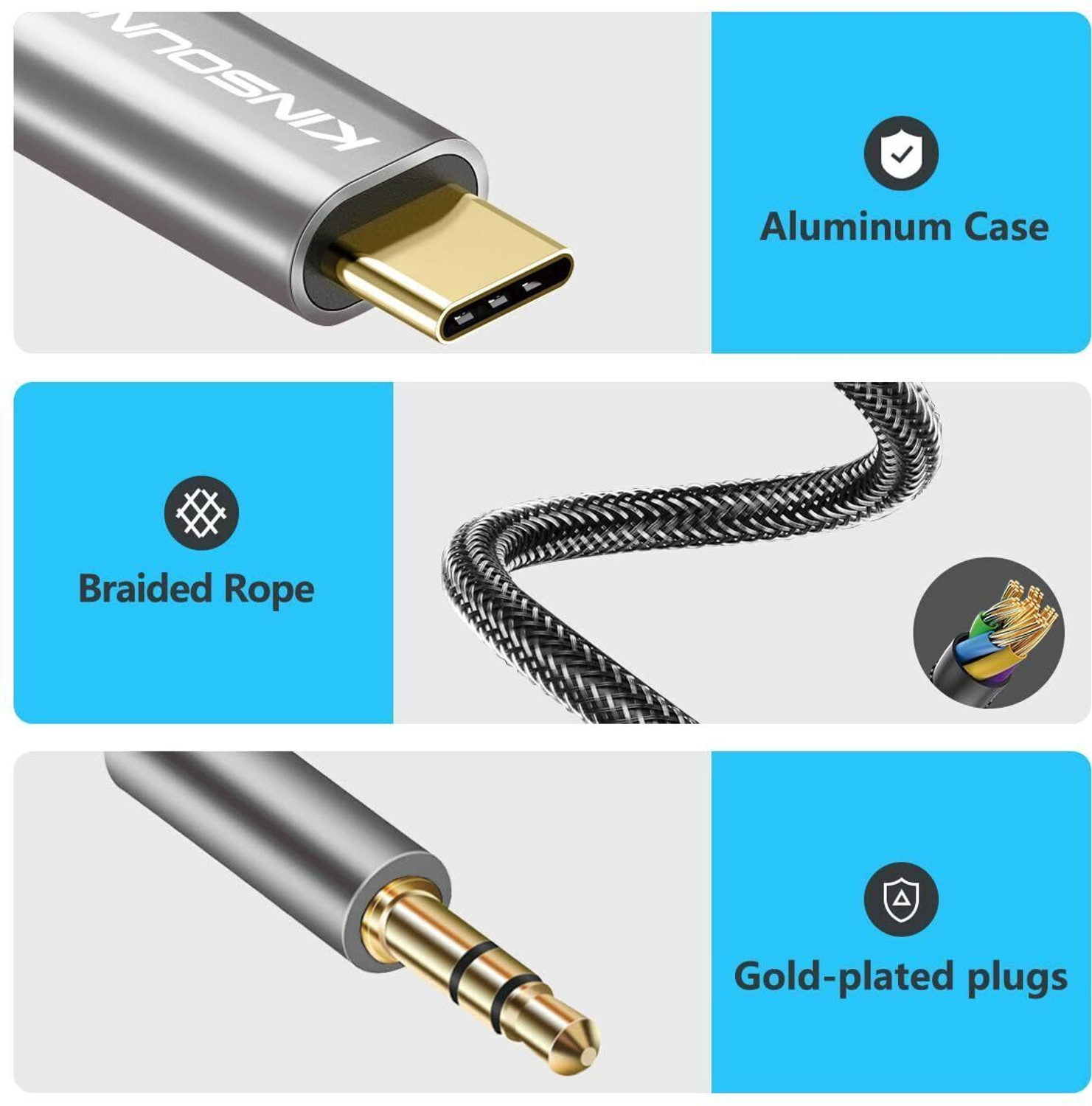 Image of Kinsound Type C 104 m USB C to 3.5mm Audio Aux Jack Cable (4ft), Type C to 3.5mm Headphone