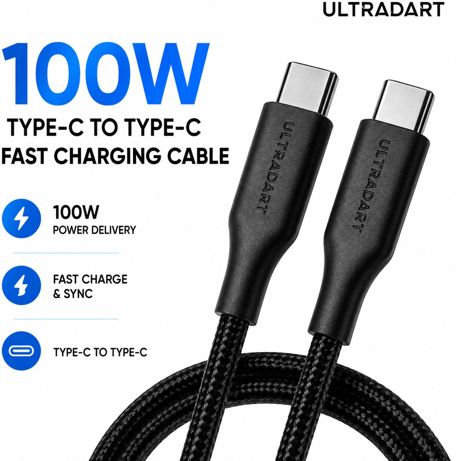 ULTRADART USB Type C Cable 10 A 1 m braided 100W Type C to Type C Fast Charging Braided Cable | 10A PD Charging Cable for iPhone 16/15, Samsung, OnePlus, Nothing, Pixel, MacBook & Laptop (1m)