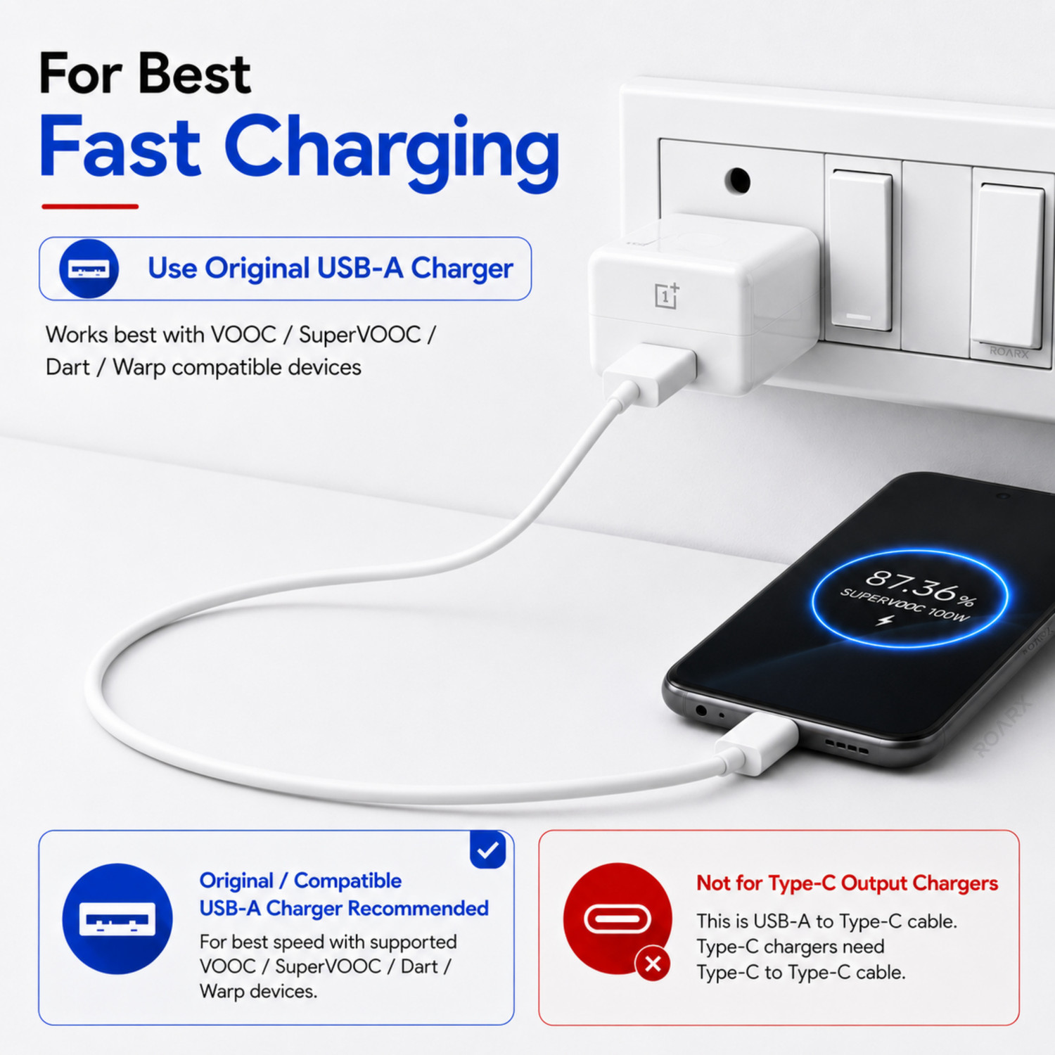 Image of RoarX USB Type C Cable 10 A 1 m 100W,80W,65W,45W, 33 Watt DART /VOOC /SUPERDART /SUPERVOOC realme /oneplus Data Cable C FAST CHARGING CABLE