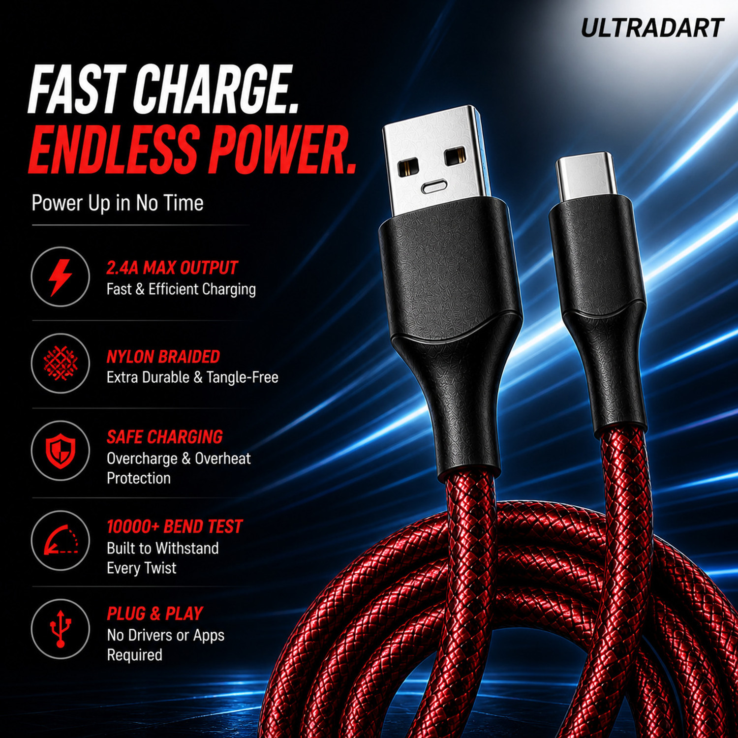 Image of ULTRADART USB Type C Cable 1 m 100W SuperVOOC Fast Charging USB Type C Cable 10A Braided Warp Dash Dart Flash Charge Data Sync Cable for Android Mobile Phones