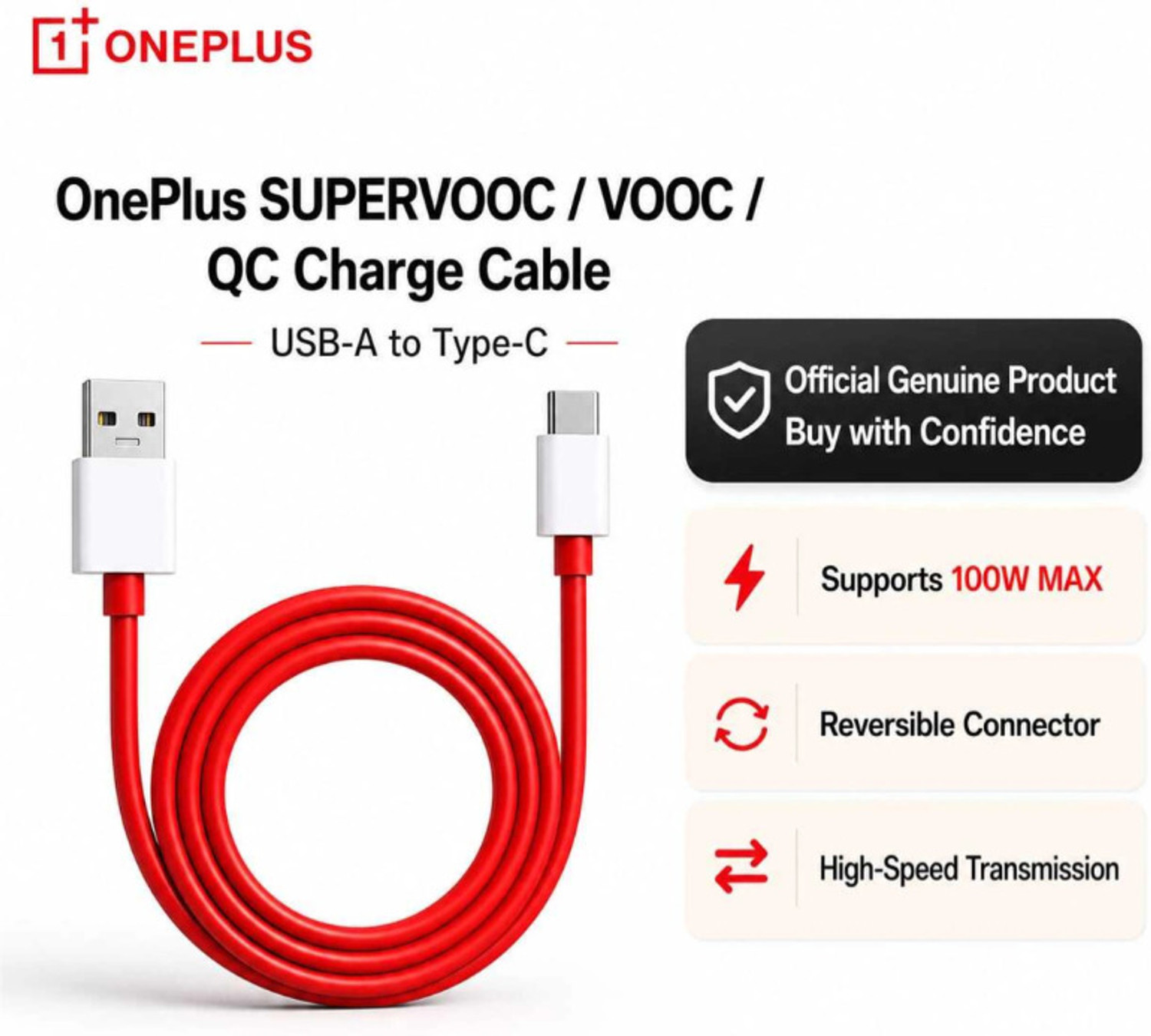 Image of OnePlus USB Type C Cable 10 A 1.5 m Copper Original 100W USB-A Type-C Premium Fast Charging Cable 1.5 Meter