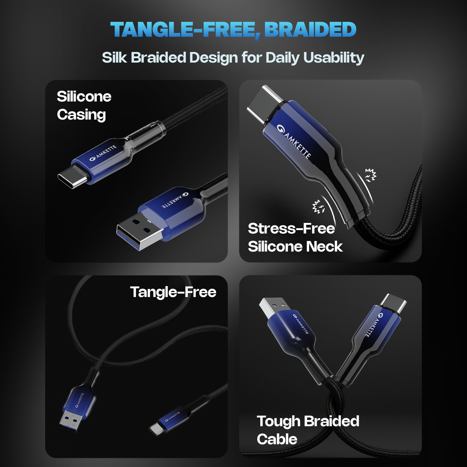Image of AMKETTE USB Type C Cable 3 A 1 m ChargePro 65W Fast Charging USB A to Type C Braided Cable