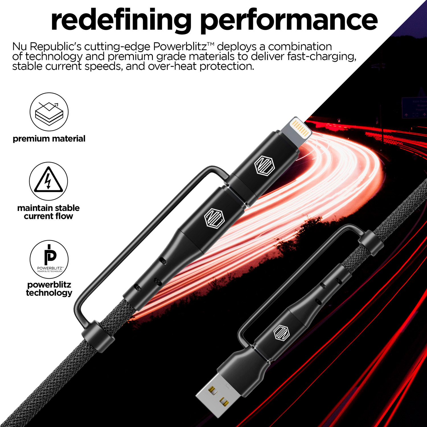 Image of Nu Republic USB Type C Cable 2 A 1.2 m Blaze Quad 100W 4-in-one USB-A to Type-C to Type-C + Type-L Fast Charge Braided