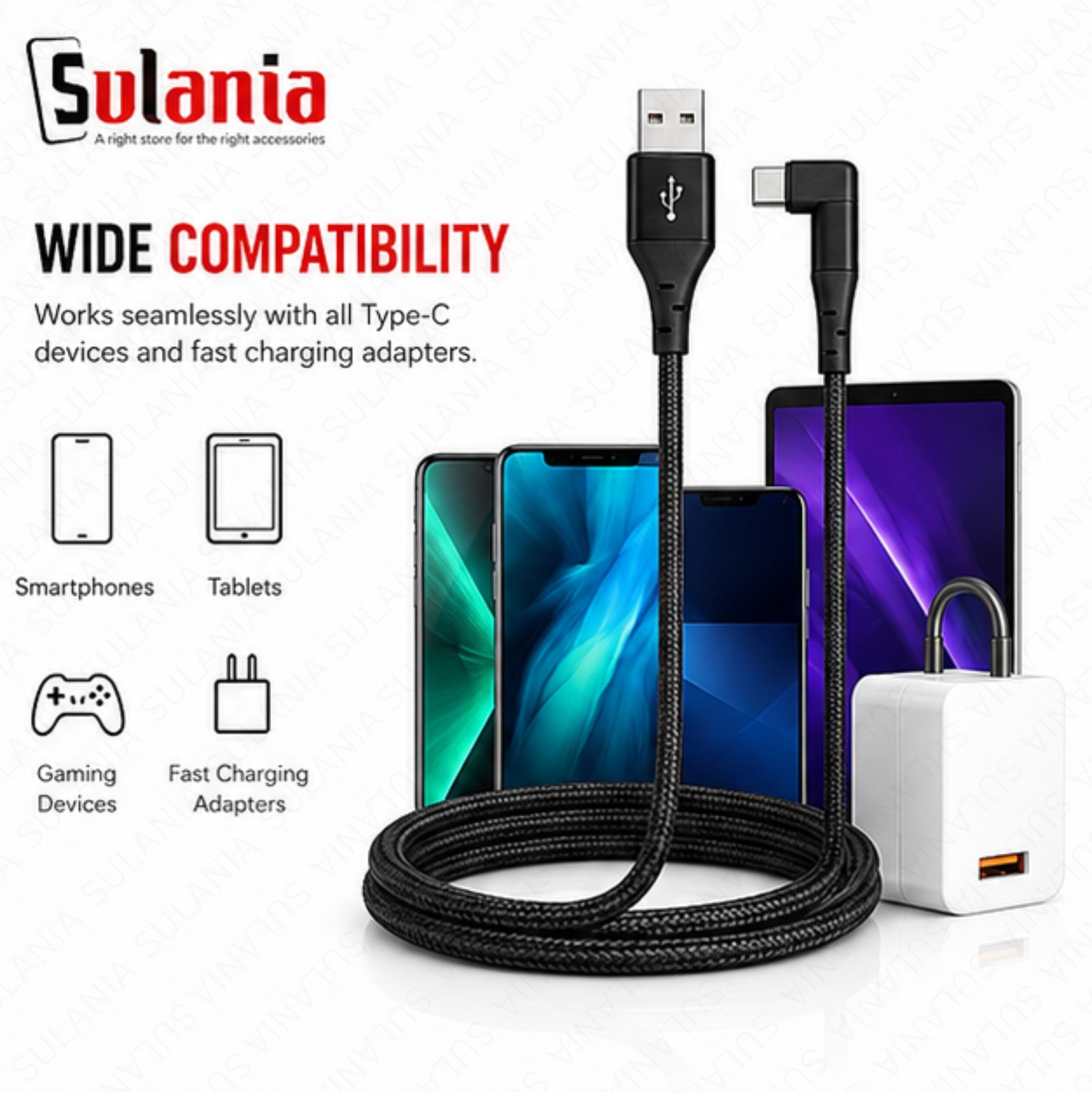 Image of Sulania USB Type C Cable 9 A 2 m Braided 2 Meter Type C L Shape Braided Data Sync Cable