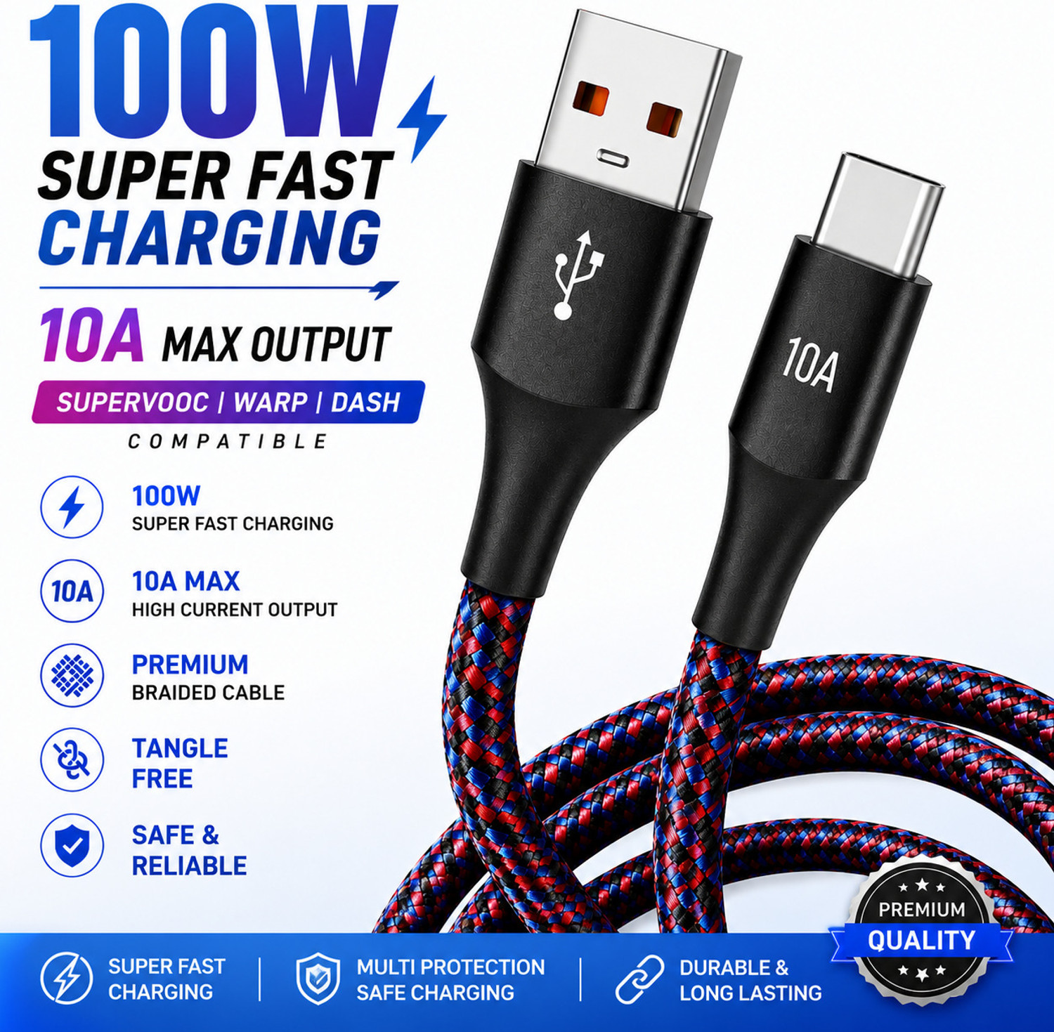 Image of ULTRADART USB Type C Cable 1 m 100W SuperVOOC Fast Charging USB Type C Cable 10A Braided Warp Dash Dart Flash Charge Data Sync Cable for Android Mobile Phones