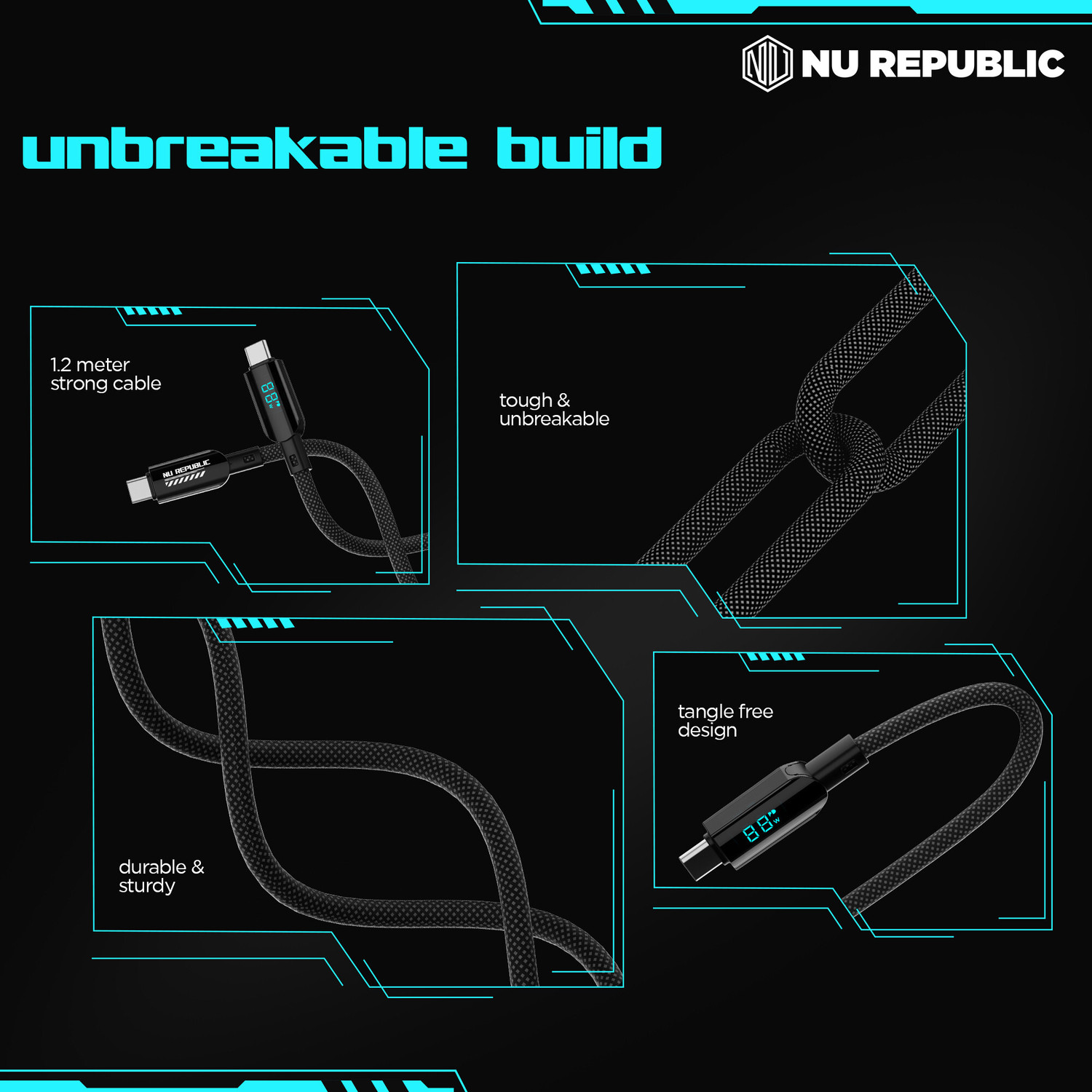 Image of Nu Republic USB Type C Cable 5 A 1.2 m Aluminum Foil, Tinned Copper Braid Blaze Fusion Spot 100W With Led Display USB-Type-C To Type-C Data Charging Cable