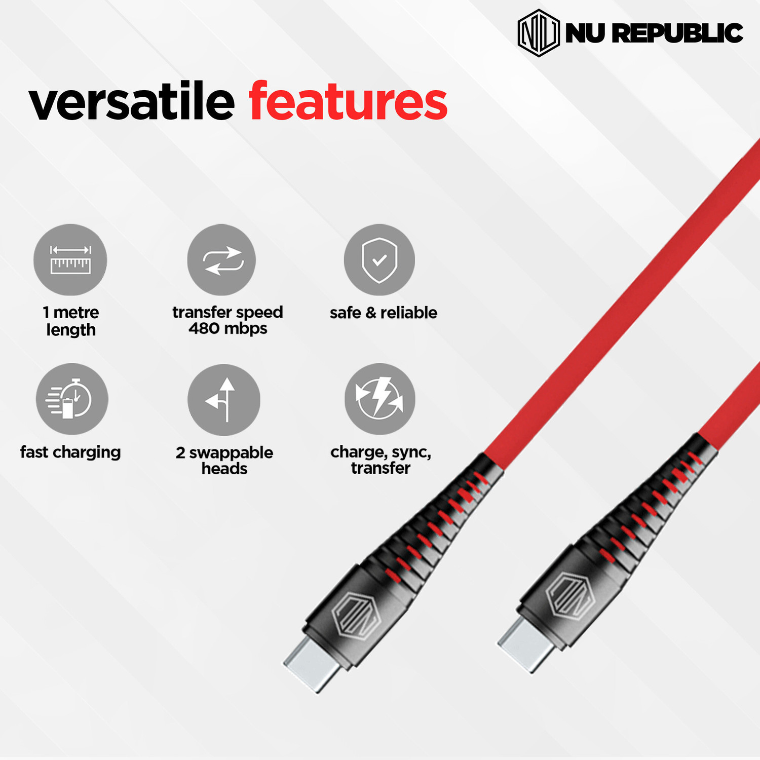 Image of Nu Republic USB Type C Cable 1 m Blaze Supersonic 65W Type-C to Type-C Fast Charge Cable