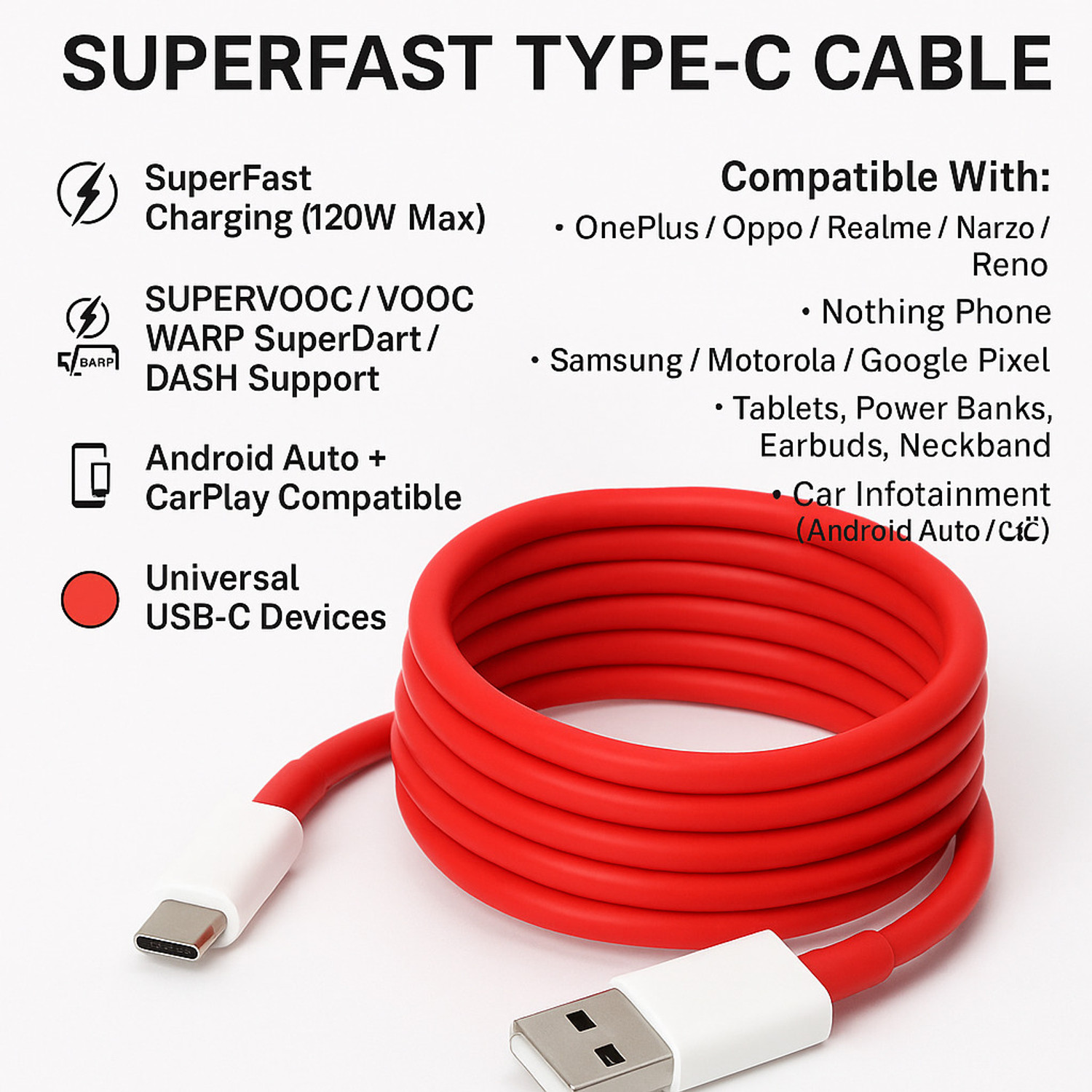Image of ULTRADART USB Type C Cable 1 m original 100W PD High-Power Type-C Cable | Supports 80W /65W, SUPERVOOC, VOOC, WARP | Android Auto + CarPlay | Universal Device Support - Red
