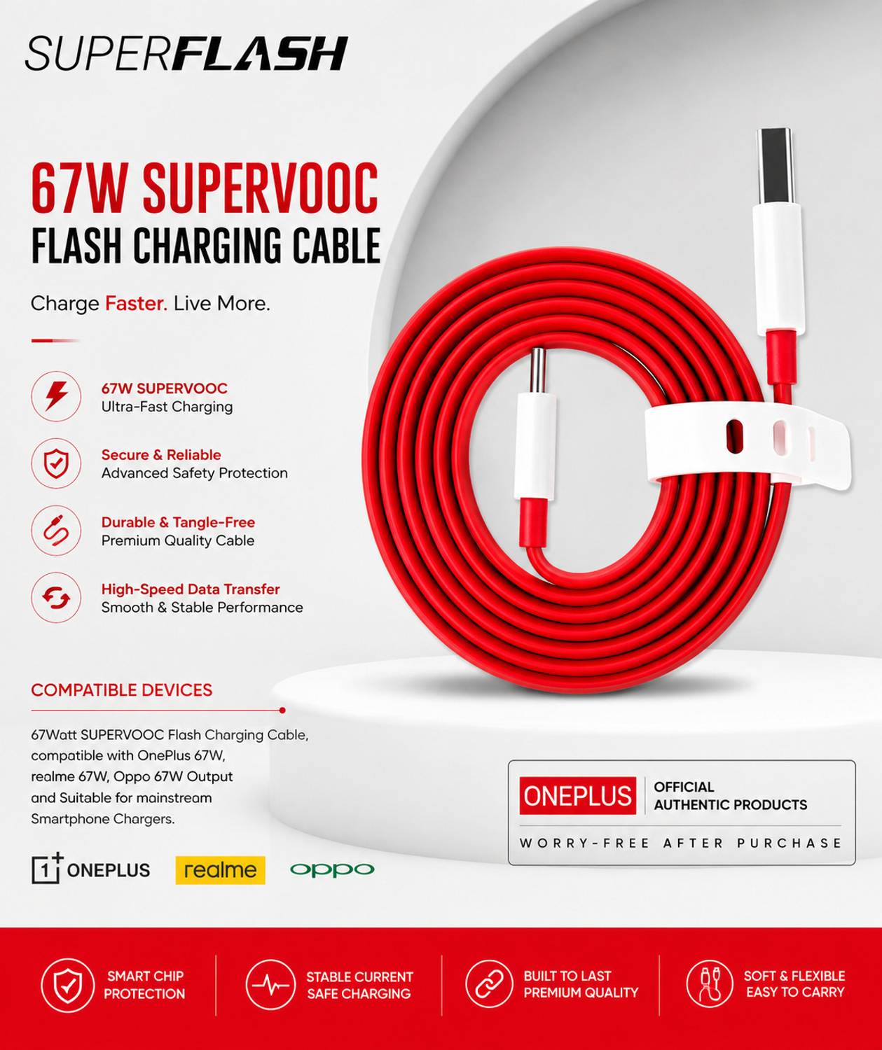 SUPERFLASH USB Type C Cable 6.1 A 1 m OnePlus Original 11V/6.1A Support Upto 67W Cable | Official Quality Assurance | FLAT SHAPE DESIGN ONEPLUS SUPERVOOC,QC