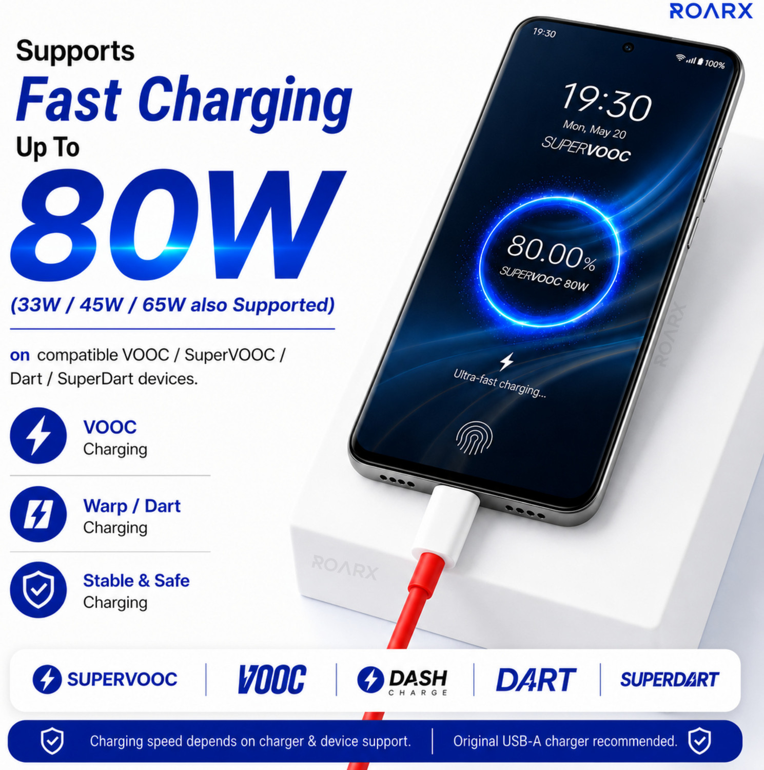 Image of RoarX USB Type C Cable 8 A 1 m TPE WARP /Dash Fast Charging Type c Charger Cable Compatible for One Plus