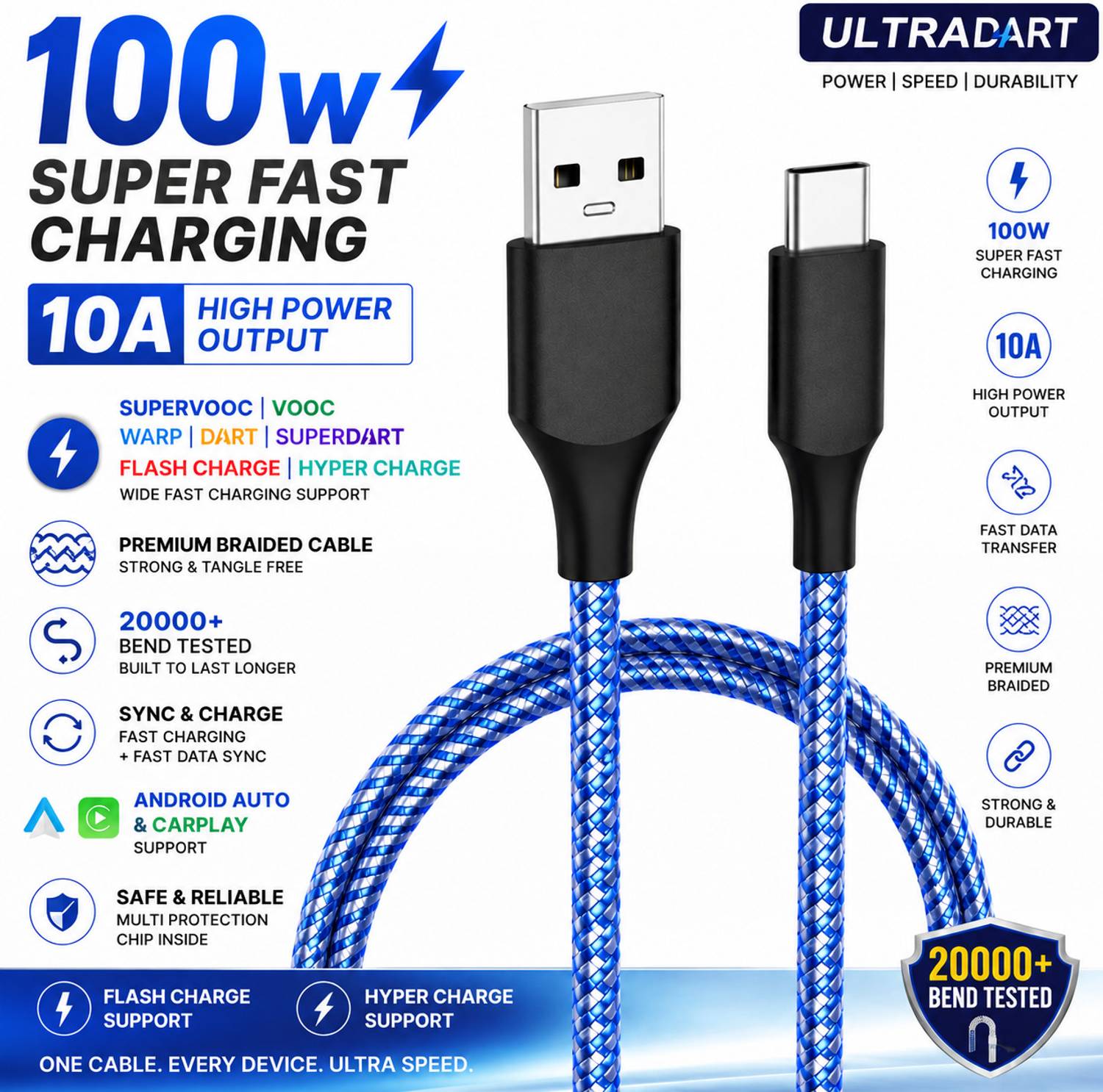 ULTRADART USB Type C Cable 1 m 100W SuperVOOC Fast Charging USB Type C Cable 10A Braided Warp Dash Dart Flash Charge Data Sync Cable for Android Mobile Phones
