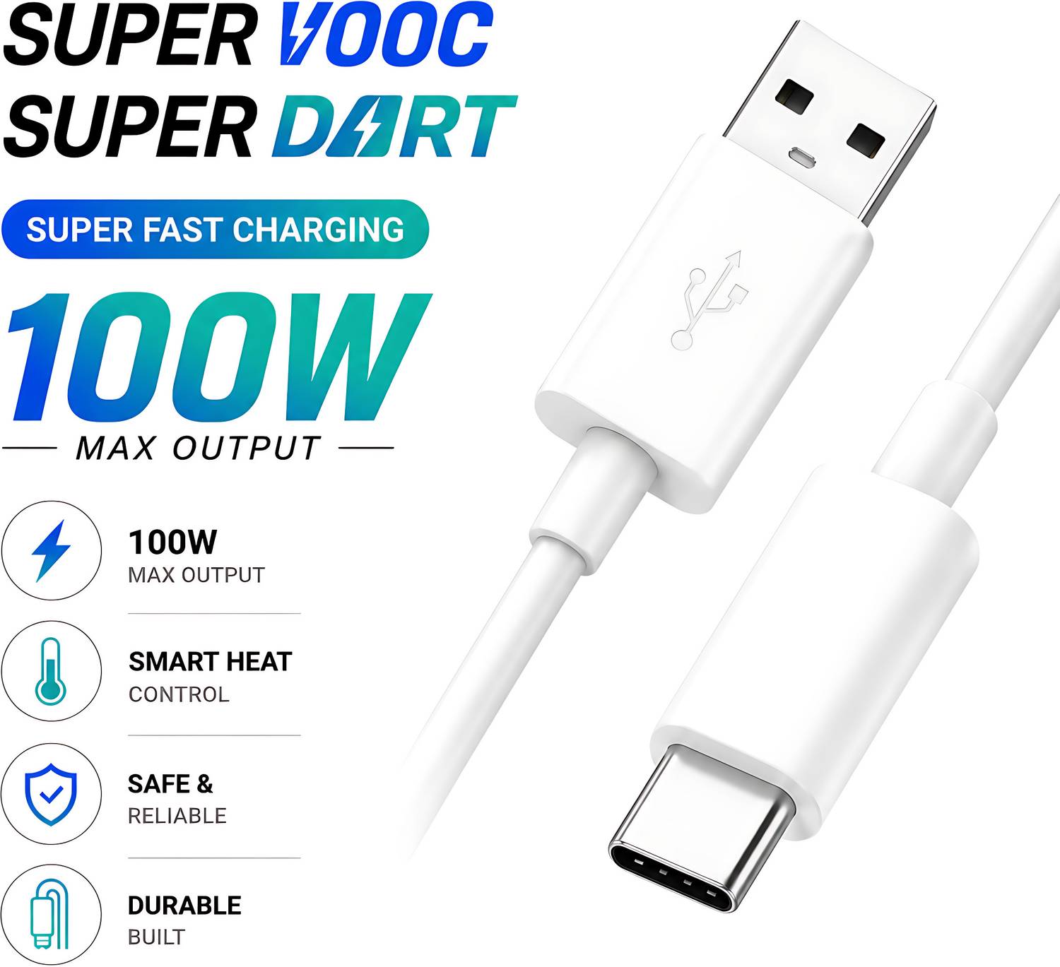 MAK USB Type C Cable 8 A 1 m TPE 100W USB to Type-C Fast Charging Cable with Warp Charge & SuperVOOC Support – High Speed Data Transfer, Durable Braided Charger Cable