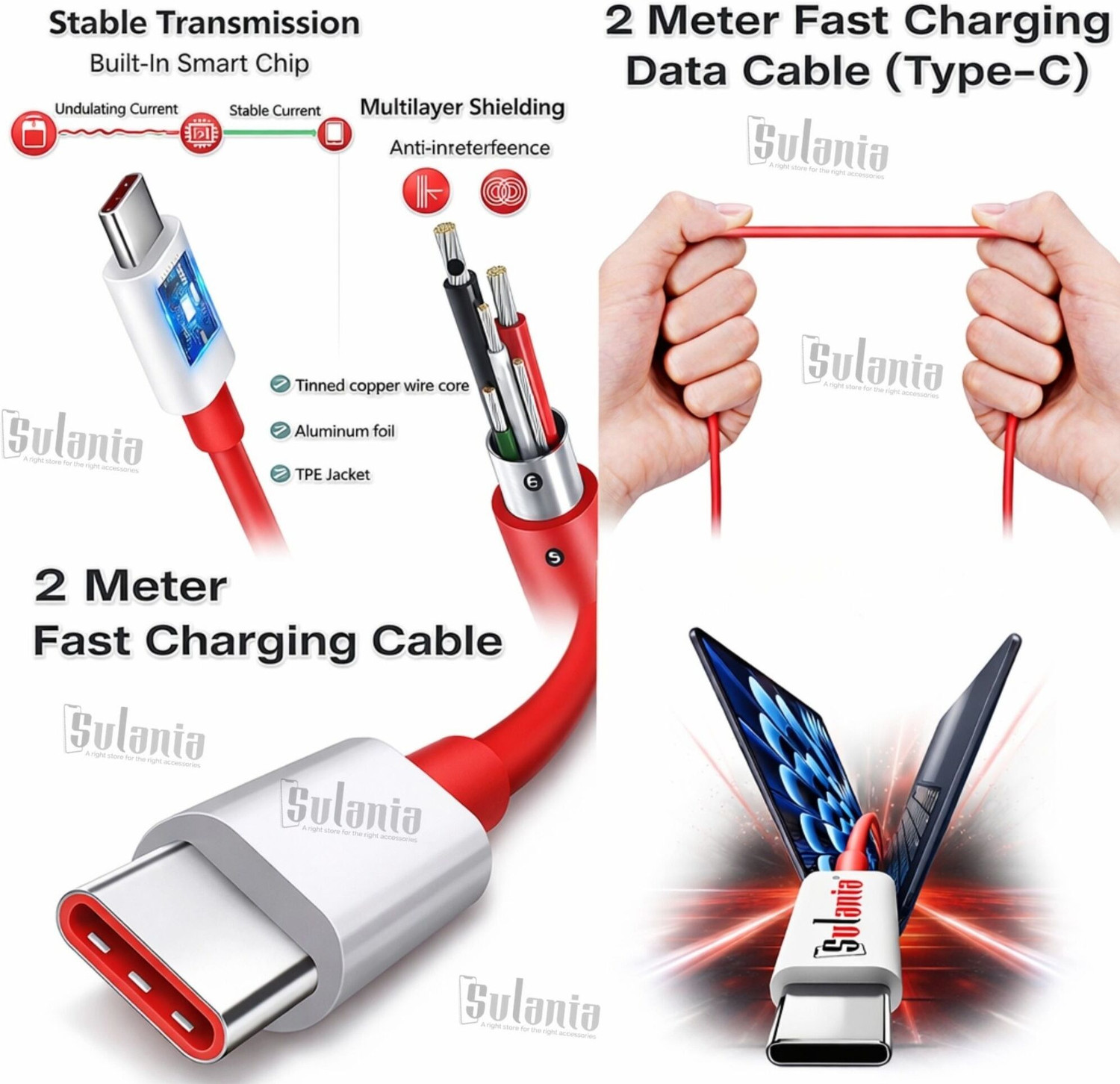 Image of Sulania USB Type C Cable 7 A 2 m Aluminum foil 100W USB Type C Data SuperVOOC, WARP, DASH