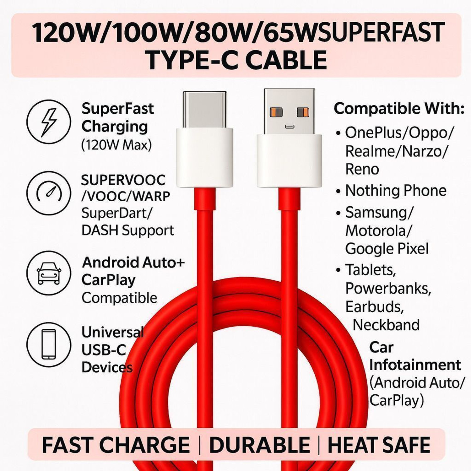 Image of OnePlus USB Type C Cable 1 m New-100W Fast Charging USB-C Cable | Multi-Protocol Support (SUPERVOOC /VOOC /WARP) | CarPlay & Android Auto | Universal USB-C Compatibility - Red