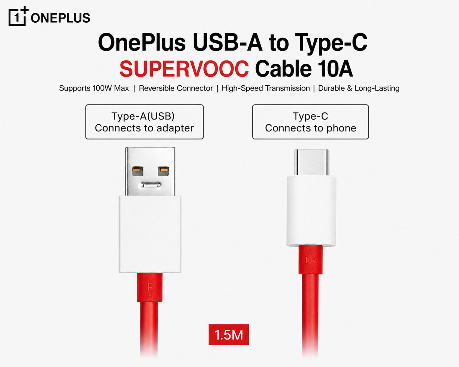 Image of OnePlus USB Type C Cable 10 A 1.5 m Original, SUPERVOOC, VOOC, WARP, SUPERDART, DART, DASH, QC DL129