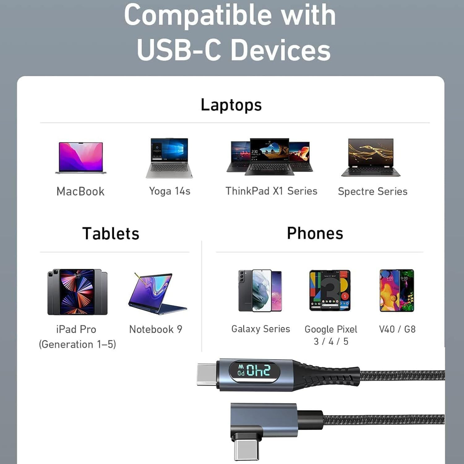 Image of Tobo USB Type C Cable 1 m Plastic 240W USB 4.0 PD Type C Cable with LED Display, 8K@60Hz 40Gbps USB Type C Male to USB C Male Cable L Shape Cord Wire Compatible with Mack-Book i Pad Galaxy Laptop etc.TD-1420CC
