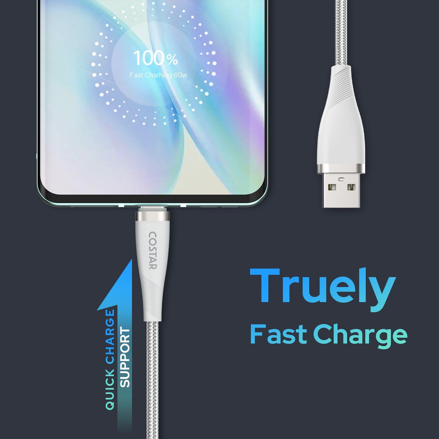 Image of Costar USB Type C Cable 3 A 1.5 m A-C Fast Charging Data Sync 480 Mbps Certificated-C312SG