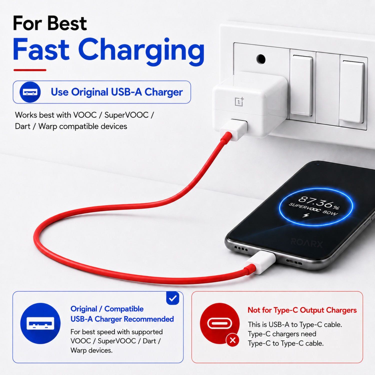 Image of RoarX USB Type C Cable 8 A 1 m TPE WARP /Dash Fast Charging Type c Charger Cable Compatible for One Plus