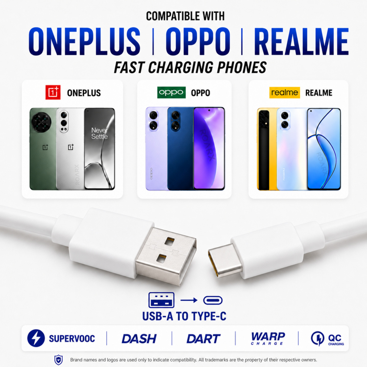 Image of RoarX USB Type C Cable 10 A 1 m 100W,80W,65W,45W, 33 Watt DART /VOOC /SUPERDART /SUPERVOOC realme /oneplus Data Cable C FAST CHARGING CABLE