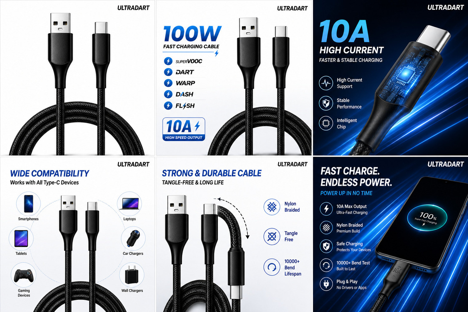 Image of ULTRADART USB Type C Cable 1 m OEM USB to Type C 100W Fast Charging Cable 10A Braided SuperVOOC Warp Dash Dart VOOC Flash Charge Support